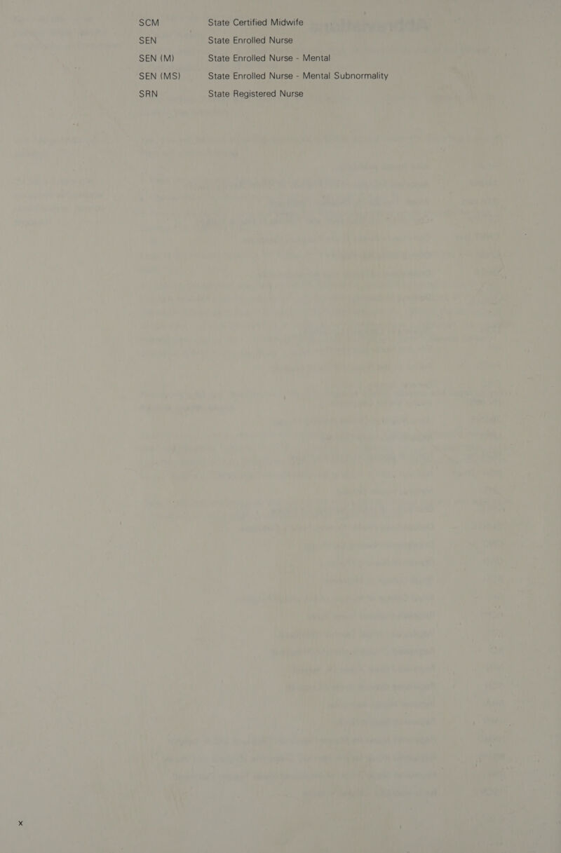SCM SEN SEN (M) SEN (MS) SRN State Certified Midwife State Enrolled Nurse State Enrolled Nurse - Mental State Enrolled Nurse - Mental Subnormality State Registered Nurse