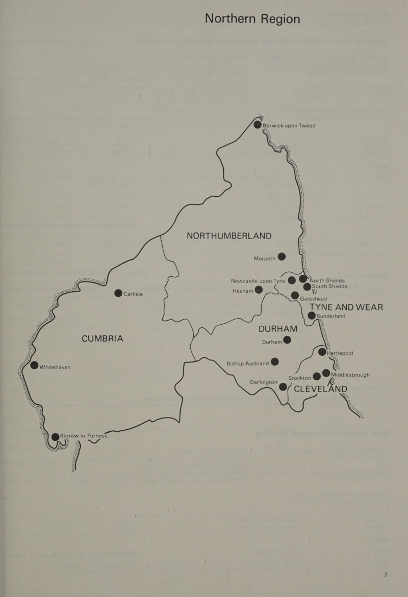   @ Whitehaven @ carlisie CUMBRIA  Northern Region wives @ Berwick upon Tweed     NORTHUMBERLAND Morpeth &amp; Newcastle upon Tyne «> Ae ou ields Hexham @ ee) \e Gateshead TYNE AND WEAR Sundeniand DURHAM Durham @ : @ kiertiep001 Bishop Auckland @ Ne @ @viicsiesbrougn Stockton @/ CLEVELAND Darlington 