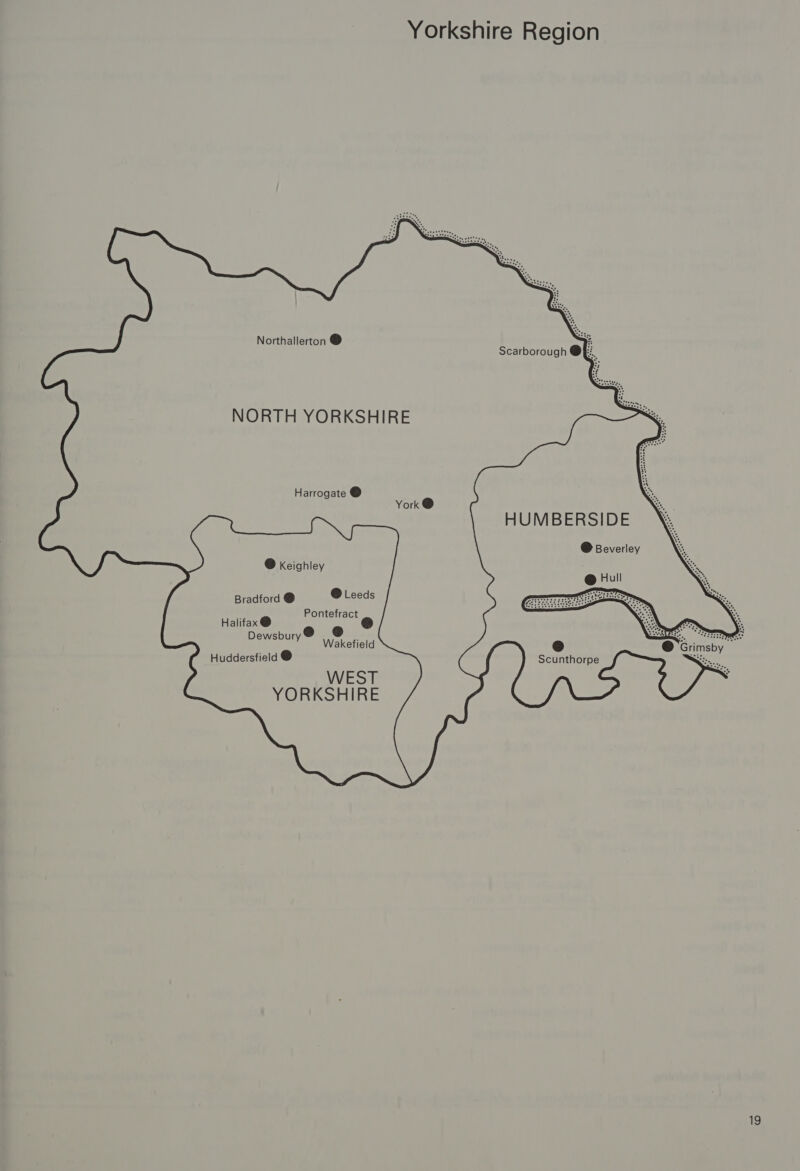 Yorkshire Region           Northallerton @ NORTH YORKSHIRE    Harrogate @ x: HUMBERSIDE @ Beverley c @ Keighle eigniey @ Hull o Bradford @ @ Leeds Te EYE Pontefract Halifax @ @ Sahin, 3: yw: Dewsbury Wakefield © nines) pt Huddersfield @ Scunthorpe Rese WEST YORKSHIRE