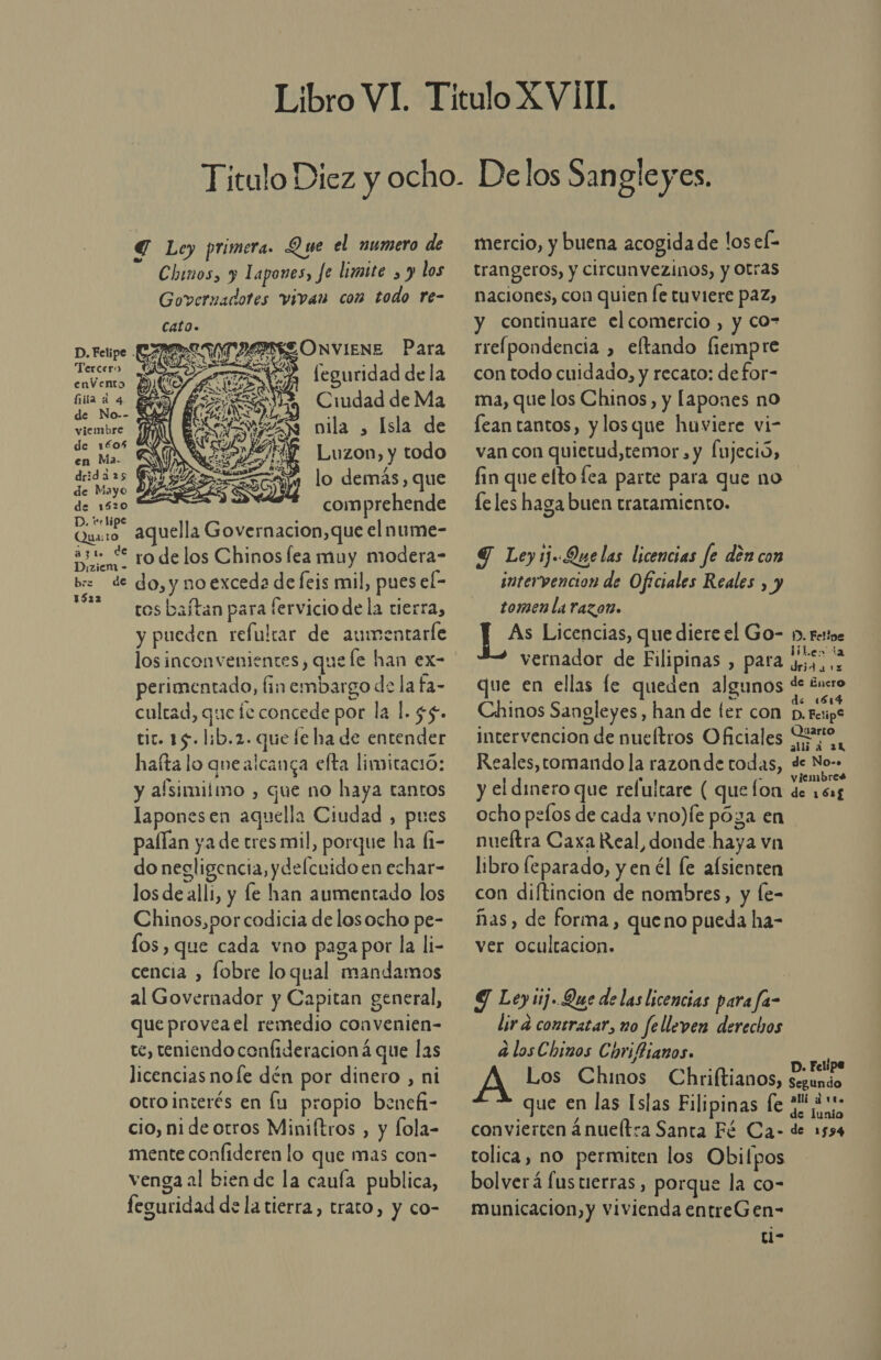 € Ley primera. Que el numero de Chinos, y Lapones, Je limite , y los Governadotes vivan com todo re-   Cat0. D.Fetpe EEE OTASMAELZONVIENE Para ercer) A y ó - . envemo DATAN leguridad de la e k . E Ciudad de Ma e O-- Sie A viembre nila &gt; Isla de de 1605 e en Ma. Luzon &gt; y todo drida 25 lo demás, que de Mayo de 1836 comprehende D. tvelipe Quato aquella Governacion,que elnume- asu e rodelos Chinos fea muy modera- br de do, y no exceda de feis mil, pues el- 122 cosbaftan para fervicio de la tierra, y pueden refultar de aumentarle los inconvenientes; que le han ex- perimentado, fin embargo de la fa- cultad, que le concede por la 1.55. tic. 15. l:b.2. que le ha de entender hafta lo qnealcanga efta limitació: y afsimilmo , que no haya tantos laponesen aquella Ciudad , pues palían ya de tres mil, porque ha fi- do negligencia, ydelcuido en echar- los de alli, y fe han aumentado los Chinos,por codicia de losocho pe- los, que cada vno paga por la li- cencia , fobre loqual mandamos al Governador y Capitan general, que provea el remedio convenien- te, teniendo conlideracion á que las licencias nole dén por dinero , ni otro interés en lu propio bencf- cio, nide otros Miniftros , y fola- mente confideren lo que mas con- venga al bien de la cauía publica, O feguridad de la tierra, trato, y co- mercio, y buena acogida de los el- trangeros, y circunvezinos, y Otras naciones, con quien Íe tuviere paz, y continuare elcomercio , y co- rrefpondencia , eftando fiempre con todo cuidado, y recato: defor- ma, que los Chinos, y lapones no fean tantos, y losque huviere vi- van con quietud, temor, y fujeció, fin que eltofea parte para que no le les haga buen tratamiento. Y Ley ij «Que las licencias fe den con intervencion de Oficiales Reales , y tomen la razon. As Licencias, que diere el Go- p. Fettoe AS 2d OIEA sa dbert vernador de Filipinas , Para yyo ,. que en ellas fe queden algunos de Éncro p SS de (614 Chinos Sangleyes , han de ler con p.rerps intervencion de nueltros Oficiales Ho Reales, tomando la razon de todas, de No-» ., - viembres y el dinero que relultare ( quefon de 163 ocho pefos de cada vno)Íe póga en nueftra Caxa Real, donde haya vn libro feparado, y en él le afsienten con diftincion de nombres, y fe- ñas, de forma, queno pueda ha- ver ocultacion. Y Ley 1j.Que de las licencias para fa- lira contratar, mo felleven derechos alosChizos Coriffianos. y na D. Felipe Los Chinos Chriftianos, segunáo Que en las Islas Filipinas le ¿e ¡ino convierten anueltra Santa Fé Ca- de 1594 tolica, no permiten los Obilpos bolverá [us tierras, porque la co- municacion, y Vivienda entreGen- ti-
