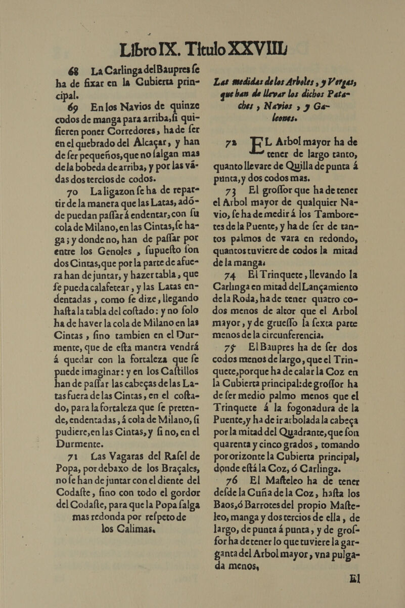 68 La Carlinga delBaupres fe ha de fixar en la Cubierta prin- cipal. 69 Enlos Navios de quinze codos de manga para arriba, fi qui- fieren poner Corredores, hade [er en el quebrado del Alcacar, y han de fer pequeños,que no falgan mas dela bobeda dearriba, y por las va das dosterciosde codos. | 7o Laligazon fe ha de repar- tir dela manera que las Latas, adó- de puedan paffará endentar,con lu cola de Milano, en las Cintas, fe ha- ga; y dondeno, han de pallar por entre los Genoles , fupuefto fon dos Cintas,que por la parte de afue- ra han de juntar, y hazer tabla, que fe pueda calafetear, y las Laras en- dentadas , como fe dize llegando haftala tabla del coftado: y no folo ha de haver la cola de Milano en las Cintas , fino tambien en el Dur- mente, que de eta manera vendrá á quedar con la fortaleza que fe puede imaginar: y en los Caftillos han de paílfar las cabegas delas La- tasfuera delas Cintas, en el cofta- do, para la fortaleza que fe preten- de,endentadas, á cola de Milano, (1 pudiere,en las Cintas, y fi no, en el Durmente. 71 Las Vagaras del Rafel de Popa, pordebaxo de los Bracales, no le han de juntar con el diente del Codafte , fino con todo el gordor del Codafle, para que la Popa lalga mas redonda por refpetode los Calimas, Las medidas delos Arboles , y Vergas, que ban de llevar los dichos Pata- ches , Navios » y Ga- - leones. 72 EL Arbol mayor ha de tener de largo tanto, quanto llevare de Quilla de punta á punta, y dos codos mas. 73 El grollor que ha de tener el Arbol mayor de qualquier Na- vio, le ha de medirá los Tambore- tes de la Puente, y ha de [er de tan- tos palmos de vara en redondo, quantos tuviere de codos la mitad de la mangas 74 Ei Trinquete, llevando la Carlinga en mitad del Langamiento dela Roda, ha de tener quatro co- dos menos de altor que el Arbol mayor, y de grueífo la lexta parte menos de la circunferencia. 75% ElBaupres ha de ler dos codos menos de largo, que el Trin- quete,porque ha de calar la Coz en la Cubierta principal:de groflor ha de fer medio palmo menos que el Trinquete á la fogonadura de la Puente,y ha de ir arbolada la cabeca por la mitad del Quadrante, que fon quarenta y cinco grados , tomando pororizonte la Cubierta principal, dende eftá la Coz, ó Carlinga. - 76 El Mafteleo ha de tener defde la Cuña de la Coz, hafta los Baos,ó Barrotesdel propio Malte- leo, manga y dos tercios de ella , de largo, de punta á punta, y de grol- for ha detener lo que tuviere la gar- ganta del Arbol mayor, vna pulga- da menos, El