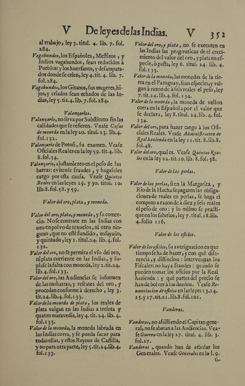 al trabajo, ley 3.titul. 4. lib. 7. fol. 284. Vagabundos,los Efpañoles , Meftizos , y Indios vagabundos, fean reducidos a Pueblos: y los huerfanos, y delampara- dos donde fe crien, ley 4. tit. 4. lib. 7. fol.284. Vazgabundos, los Gitanos, lus mugeres,hi- Jos, y criados fean echados de las In- dias, ley 5.tit.4.lib. 7.fol. 284. - Valangarios. Y alancario, no lirva por Subftituto fin las calidadesque fe refieren. Veale Ca/as de moneda enlaley 20. titul. 23. lib.4. fol.132. Valancario de Potoli, lu examen. Veale Oficiales Realesen la ley 59. tit.4.1ib. 8.fo1.34. Valancario, ajuftamiento en el pelo de las barras: eviteníe fraudes , y hagafeles cargo porefta caula. Veale Quintos Reales enlasleyes 29. y 30. titul. 105 lib.8.fol.58. y $9. Valor del oro, plata y y moneda. Valor del oro, plata, y moneda , y fu comer- cio. Nofecontrate en las Indias con oro enpolvo de texuelos, ni otro nin- guno ,que no efté fundido , enfayado, y quintado,ley 1. titul.24. lib. 4.fol. 13 Valor del oro, no fe permita el vío del oro, ni plata corriente en las Indias, y fu- plafe la falta con moneda, ¡ey 2.tit.24» lib.4.fol.133. Valor del oro, las Audiencias le informen de lasmohatras, y reítates del oro, y procedanconformea derecho , ley 3. tit.24.lib:4.fol.1 33. Valor dela moneda de piata , los reales de plata valgan en las Indias a treinta y quatro maravedis, ley 4. tit. 24. lib. 4. fol.133. Valor de la moneda, la moneda labrada en las Indiascorra, y fe pueda facar para todasellas, y eftos Reynos de Caftilla, y nopara otra parte, ley 5.tit.24.lib.4. fol.133. NV .352 Valor del oro, y plata , no fe executen en las Indias las pragmaticas de el creci- miento del valor del oro, y plata en el- pecie, o pafta, ley 6. titul. 24. lib. 4. al.133. | Valor de la moneda, las monedas de la tie- rra en el Paraguay, fean efpecies, y val» gan a razon de afeis reales el peío ,ley 7.tit.24.lib.4.fol. 134. Valor de la moneda ¿la moneda de vellon corraenla Efpañola por el valor que le declara, ley 8.titul. 24.1ib. 4. fol. 134. Valor del oro,para hazer cargo a los Ofi- ciales Reales. Veaíe AdminifBracton de Real bazienda enla ley 11.tit. 8.lib.8. fol.48. Valor del oro,qual es. Veafe Quintos Rea- lesenla ley 22.tit.10.lib. 8. £ol. 58. Valor de las perlas. Valor delas perlas, fien lá Margarita , y Rio de la Hacha fe pagarenlas obliga- ciones de reales en perlas, fe haga el computo a razon de a diez y Íeis reales el pelo de oro: y lo mifmo fe practi- queenlos falarios ,ley 7,titul.18.1ib, 4.folio 116. Valor de los oficios. Valor delosoficios, lu averiguacionen que tiempo fe fía de hazer, y con qué dife- rencia , y diftincion : intervengan los Fiícales: no haya fraudes : quando le pueden tomar los oficios por la Real hazienda ; y qué partesdel precio fe hande bolveralos dueños. Veale Re- nunciacion de oficios enlasleyes 13.14. 15.y 17.tit.24.lib.8.fol.101. Vanderas. Vanderas, no aísiftiendo el Capitan gene- ral, nofeabatana las Audiencias. Vea- le Guerra enlaley 27. titul. 4. lib. 3. fol.27. Vanderas , quando han de arbolar los Generales. Veafe Generales enla 1.9. t1-