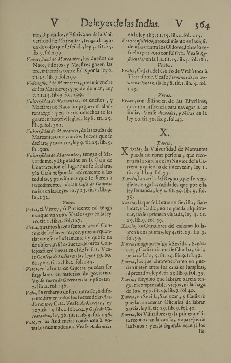 mo,Diputados, y Efcrivano dela Vni- veríidad de Mareantes , tengan la ayu- da de cofta que fe fenala,ley 5. tit. 25. lib.9.fol.299. Vniverfidad de Mareantes ,los dueños de Naos, Pilotos , y Maeftres gozen las preemincicias concedidas por la ley 6. tit.25.1ib.9.fol.299. | Vniverfidad de Marcantes y preeminencias delos Marineros, y gente de mar, ley 7.tit.25.lib.9.fol. 299. Vniverfidad de Mareantes y 105 ducños , y Maeftresde Naos no paguen el almi- rantazgo: yen otros derechos fe les guarden fus privilegios, ley 8. tit. 25. lib.9. fol. 300. Vniverfidad de Mareantes, delas caufas de Mareantesconozcanlos luezes que fe declara, y no otros, ley 9.tit.25.+1ib. 9. fol. 300. Univerfidad de Mareantes , tengan el Ma- yordomo, y Diputados en la Caía de Contratacion el lugar que le declara, yla Cafa refponda brevemente a las cedulas, y provifiones que [e dieren á fupedimento. Veale Ca/a de Contra- tacion en las leyes 12.y 1 3=tit.1.lib.9. fol.132. | Votos. Votos, el Virrey, O Prelidente no tenga masque vn voto. Veafe Leyes en la ley 10.tit.1.lib.2.fol.127+ Votos, quantos hazenfentenciaen el Con- fejo de Indias en mayor, y menor quan- tia: votefe refueltamente : y quete ha de obfervar,filos luezes de otros Gon- fejosfueré luezes en el de Indias. Vea- le Confejo de Indiasenlas leyes 59. 60. 61.y 62.tit.2.lib.2. fol. 143- Votos,enla Junta de Guerra puedan ler fingulares en materias de govitrno. Veafe Iunta de Guerra enla le y 80. tit. 2.lib.2.fo1.146. Voto, finembargo defercontrario, O dife- rente, firmen todos losÍuezes delasAu- diencias,y Cala. Veafe Audjencias , ley 107.1it.15.lib.2.fol.204.y Ca/a de Có- tratacion, ley 36.tit.1.1ib.9.fol. 136. Voto, enlas Audiencias comiencen a vo- tarlos mas modernos. Veale Audiencias V 364 enla ley 183.tit.15.lib.2.fol. 213. Voto confultivoyprocedimiento en lasreli- dencias contra los Oidores,fobrelo re- fuelto por voto confultivo. Veafe Re- Jisencias enla l.2.tit.15.lib.5.fol.180. Vraba. Vraba, Culata del Golfo de Vrabátoca a ' Tierrafrme.V eale Terminos de las Go- vernaciones enlaley 8. tit.1.lib. $. fol. 143. | Vrcas. Vrcas,con diftincion de las Efterlinas, quanto ala licencia para navegar a las Indias. Veale Armadas, y Flotas en la ley 20.tit.30.lib.9.fol.43. X. Xarcia. Y 4rcia , la Vniverlidad de Mareantes pueda nombrar perfona , que reco- nozca la xarcia de losNavios dela Ca- rrera: y quien ha de intervenir, ley 1. tit.29. lib.9. fol.39. X arciayla xarcia del Reyno ,que le ven- diere,tenga las calidades que por efta ley le manda ,ley 2. tit. 29.1ib. 9. fol. 39. Xarciay la que felabrare en Sevilla, San- lucar, y Cadiz , no fe pueda alquitra- nar, (in fer primero viíitada, ley 3. tit. 29.lib.9. fol. 39. XarciaylosCuradores del cañamo lo la- bren a dos puntas, ley 4.tit. 29. lib. 9. fol.39. Xarciayningunotraiga aSevilla , Sanlu- car, y Cadizcañamo de Chorba, so la pena de laley 5.tit. 29.1ib.9.fol.39. Xarciay losque labrarencañamo no pue- dan meter entre los canales lumpicas, niprenados,ley 6.tit.29.lib.9.fol. 39. Xarcia, ninguno que labrare xarcia ten- ga, nicomprecables viejos, ni la haga dellos, ley 7.tit.29.11b.9.fol.40. Xarcia, en Sevilla, Sanlucar , y Cadíz le puedan exammar Oficiales de labrar xarcias ley 8. tit.29. lib. 9.fol.40. Xarcia, los Vilitadores en la primera vili- tareconozcan la xarcia , y aparejos de las Naos : yenla fegunda vean (1 los lle-