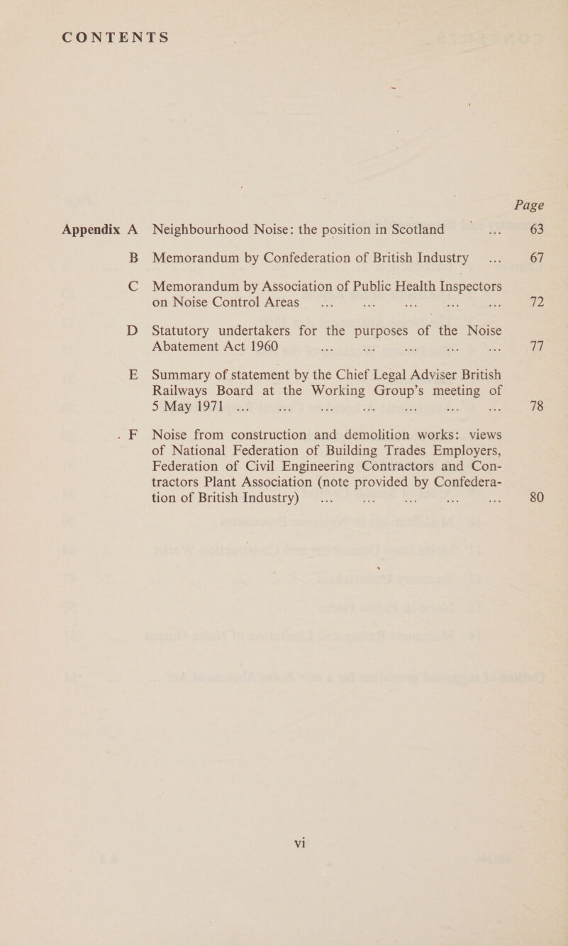 Appendix A B C Neighbourhood Noise: the position in Scotland Memorandum by Confederation of British Industry Memorandum by Association of Public Health Inspectors on Noise Control Areas es Statutory undertakers for the purposes of the = Abatement Act 1960 Sad _ Summary of statement by the Chief Legal Adviser British Railways Board at the biti ee Ss meeting of 5 May 1971 od: A, A. 7. Noise from construction and demolition works: views of National Federation of Building Trades Employers, Federation of Civil Engineering Contractors and Con- tractors Plant Association (note provided by Confedera- tion of British Industry) ; set &gt; vi Page 63 67 NZ 77 78 80