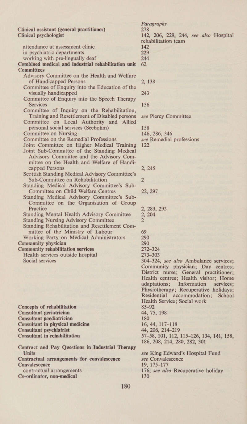 Clinical assistant (general practitioner) Clinical psychologist attendance at assessment clinic in psychiatric departments working with pre-lingually deaf Combined medicai and industrial rehabilitation unit Committees Advisory Committee on the Health and Welfare of Handicapped Persons Committee of Enquiry into the Education of the visually handicapped Committee of Enquiry into the Speech Therapy Services Committee of Inquiry on the Rehabilitation, Training and Resettlement of Disabled persons Committee on Local Authority and Allied personal social services (Seebohm) Conunittee on Nursing Committee on the Remedial Professions Joint Committee on Higher Medical Training Joint Sub-Committee of the Standing Medical Advisory Committee and the Advisory Com- mittee on the Health and Welfare of Handi- capped Persons Scottish Standing Medical Advisory Cornmittee’s Sub-Committee on Rehabilitation Standing Medical Advisory Committee’s Sub- Committee on Child Welfare Centres Standing Medical Advisory Committee’s Sub- Committee on the Organisation of Group Practice Standing Mental Health Advisory Committee Standing Nursing Advisory Committee Standing Rehabilitation and Resettlement Com- mittee of the Ministry of Labour Working Party on Medical Administrators Community physician Community rehabilitation services Health services outside hospital Social services Concepts of rehabilitation Consultant geriatrician Consultant paediatrician Consultant in physical medicine Consultant psychiatrist Consultant in rehabilitation Contract and Pay Questions in Industrial Therapy Units Contractual arrangements for convalescence Convalescence contractual arrangements Co-ordinator, non-medical 180 Paragraphs 278 142, 206, 229, 244, see also Hospital rehabilitation team 142 229 244 62 2, 138 243 156 see Piercy Committee 158 146, 286, 346 see Remedial professions 122 273-303 304-324, see also Ambulance services; Community physician; Day centres; District nurse; General practitioner; Health centres; Health visitor; Home adaptations; Information _ services; Physiotherapy; Recuperative holidays; Residential accommodation; School Health Service; Social work 85-92 44, 75, 198 180 16, 44, 117-118 44, 206, 214-219 57-58, 101, 112, 115-126, 134, 141, 158, 186, 208, 214, 280, 282, 301 see King Edward’s Hospital Fund see Convalescence 19, 175-177 176, see also Recuperative holiday 130