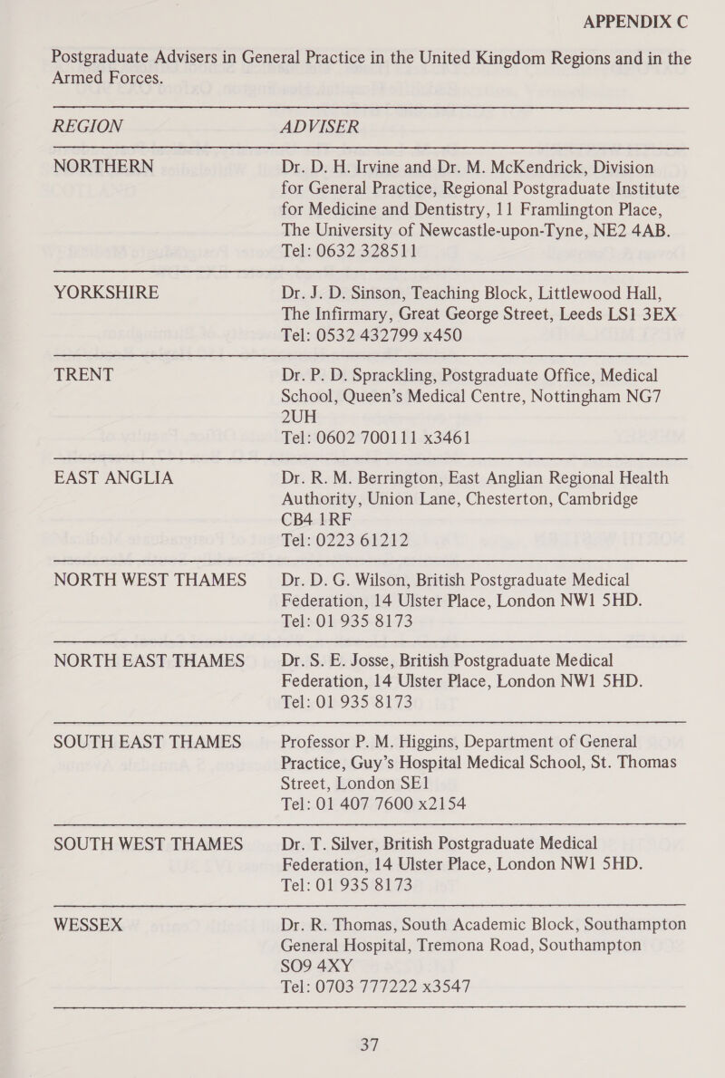 Armed Forces. REGION NORTHERN YORKSHIRE TRENT EAST ANGLIA NORTH WEST THAMES NORTH EAST THAMES SOUTH EAST THAMES SOUTH WEST THAMES WESSEX ADVISER Dr. D. H. Irvine and Dr. M. McKendrick, Division for General Practice, Regional Postgraduate Institute for Medicine and Dentistry, 11 Framlington Place, The University of Newcastle-upon-Tyne, NE2 4AB. Tel: 0632 328511 Dr. J. D. Sinson, Teaching Block, Littlewood Hall, The Infirmary, Great George Street, Leeds LS1 3EX Tel: 0532 432799 x450 Dr. P. D. Sprackling, Postgraduate Office, Medical School, Queen’s Medical Centre, Nottingham NG7 2UH Tel: 0602 700111 x3461 Dr. R. M. Berrington, East Anglian Regional Health Authority, Union Lane, Chesterton, Cambridge CB4 1RF Fel: 022361212 Dr. D. G. Wilson, British Postgraduate Medical Federation, 14 Ulster Place, London NW1 5HD. Tel:-01-935-8173 Dr. S. E. Josse, British Postgraduate Medical Federation, 14 Ulster Place, London NW1 SHD. Tel20169335°3173 Professor P. M. Higgins, Department of General Practice, Guy’s Hospital Medical School, St. Thomas Street, London SE1 Tel: 01 407 7600 x2154 Dr. T. Silver, British Postgraduate Medical Federation, 14 Ulster Place, London NW1 5HD. Tel: 019358173 Dr. R. Thomas, South Academic Block, Southampton General Hospital, Tremona Road, Southampton SO9 4XY Tel: 0703 777222 x3547 a]