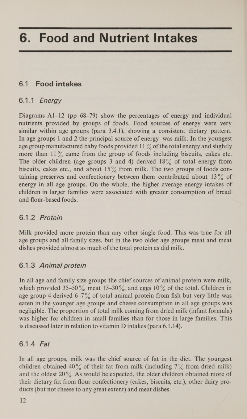  6. Food and Nutrient Intakes  6.1 Food intakes 6.1.1 Energy Diagrams Al-12 (pp 68-79) show the percentages of energy and individual nutrients provided by groups of foods. Food sources of energy were very similar within age groups (para 3.4.1), showing a consistent dietary pattern. In age groups | and 2 the principal source of energy was milk. In the youngest age group manufactured baby foods provided 11 % of the total energy and slightly more than 11% came from the group of foods including biscuits, cakes etc. The older children (age groups 3 and 4) derived 18% of total energy from biscuits, cakes etc., and about 15% from milk. The two groups of foods con- taining preserves and confectionery between them contributed about 13% of energy in all age groups. On the whole, the higher average energy intakes of children in larger families were associated with greater consumption of bread and flour-based foods. 6.1.2 Protein Milk provided more protein than any other single food. This was true for all age groups and all family sizes, but in the two older age groups meat and meat dishes provided almost as much of the total protein as did milk. 6.1.3 Animal protein In all age and family size groups the chief sources of animal protein were milk, which provided 35-50%, meat 15-30%, and eggs 10% of the total. Children in age group 4 derived 6-7 °%% of total animal protein from fish but very little was eaten in the younger age groups and cheese consumption in all age groups was negligible. The proportion of total milk coming from dried milk (infant formula) was higher for children in small families than for those in large families. This is discussed later in relation to vitamin D intakes (para 6.1.14). 6.1.4 Fat In all age groups, milk was the chief source of fat in the diet. The youngest children obtained 40% of their fat from milk (including 7% from dried milk) and the oldest 20%. As would be expected, the older children obtained more of their dietary fat from flour confectionery (cakes, biscuits, etc.), other dairy pro- ducts (but not cheese to any great extent) and meat dishes.