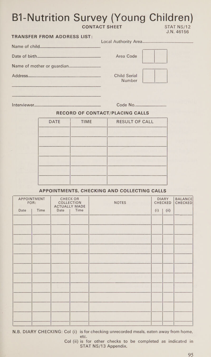 B1-Nutrition Survey (Young Children) CONTACT SHEET STAT NS/12 J.N. 46156 TRANSFER FROM ADDRESS LIST: Local Authority Area Name of child DES So 101 [7] pee es Ce a rr Area Code | | Name of mother or guardian  [255 (9 OCIS SS aaa ee se Child Serial | Number tee CU a Code No.  APPOINTMENTS, CHECKING AND COLLECTING CALLS APPOINTMENT CHECK OR DIARY BALANCE FOR: COLLECTION NOTES CHECKED | CHECKED ACTUALLY MADE Date Time Date Time (i) (ii)  | | | | | | ee | N.B. DIARY CHECKING: Col (i) is for checking unrecorded meals, eaten away from home, etc. Col (ii) is for other checks to be completed as indicated in STAT NS/13 Appendix.