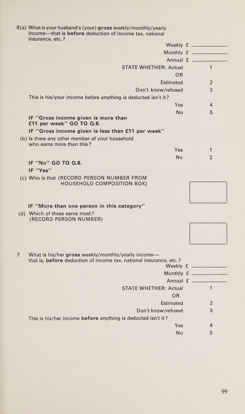 6(a) What is your husband’s (your) gross weekly/monthly/yearly income—that is before deduction of income tax, national insurance, etc. ? Weekly £ Monthly £ Annual £ STATE WHETHER: Actual OR Estimated Don't know/refused This is his/your income before anything is deducted isn't it ? Yes No IF ‘’Gross income given is more than £11 per week’’ GO TO Q.8. IF ’Gross income given is less than £11 per week’”’ (b) Is there any other member of your household who earns more than this ? Yes No IF ‘“‘No” GO TO Q.8. IF ‘“Yes” (c) Who is that (RECORD PERSON NUMBER FROM HOUSEHOLD COMPOSITION BOX) IF ‘““More than one person in this category’”’ (d) Which of these earns most ? (RECORD PERSON NUMBER) 7) What is his/her gross weekly/monthly/yearly income— that is, before deduction of income tax, national insurance, etc. ? Weekly £ Monthly £ Annual £ STATE WHETHER: Actual OR Estimated Don't know/refused This is his/her income before anything is deducted isn't it ? Yes No