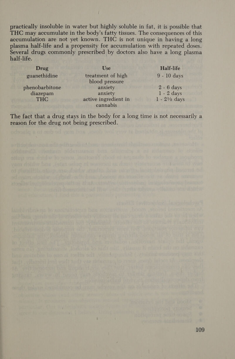 practically insoluble in water but highly soluble in fat, it is possible that THC may accumulate in the body’s fatty tissues. The consequences of this accumulation are not yet known. THC is not unique in having a long plasma half-life and a propensity for accumulation with repeated doses. Several drugs commonly prescribed| by doctors also have a long plasma half-life. Drug Use Half-life guanethidine treatment of high 9 - 10 days blood pressure phenobarbitone anxiety 2 - 6 days diazepam anxiety ] - 2 days THC active ingredient in 1 - 2% days cannabis The fact that a drug stays in the body for a long time is not necessarily a reason for the drug not being prescribed.