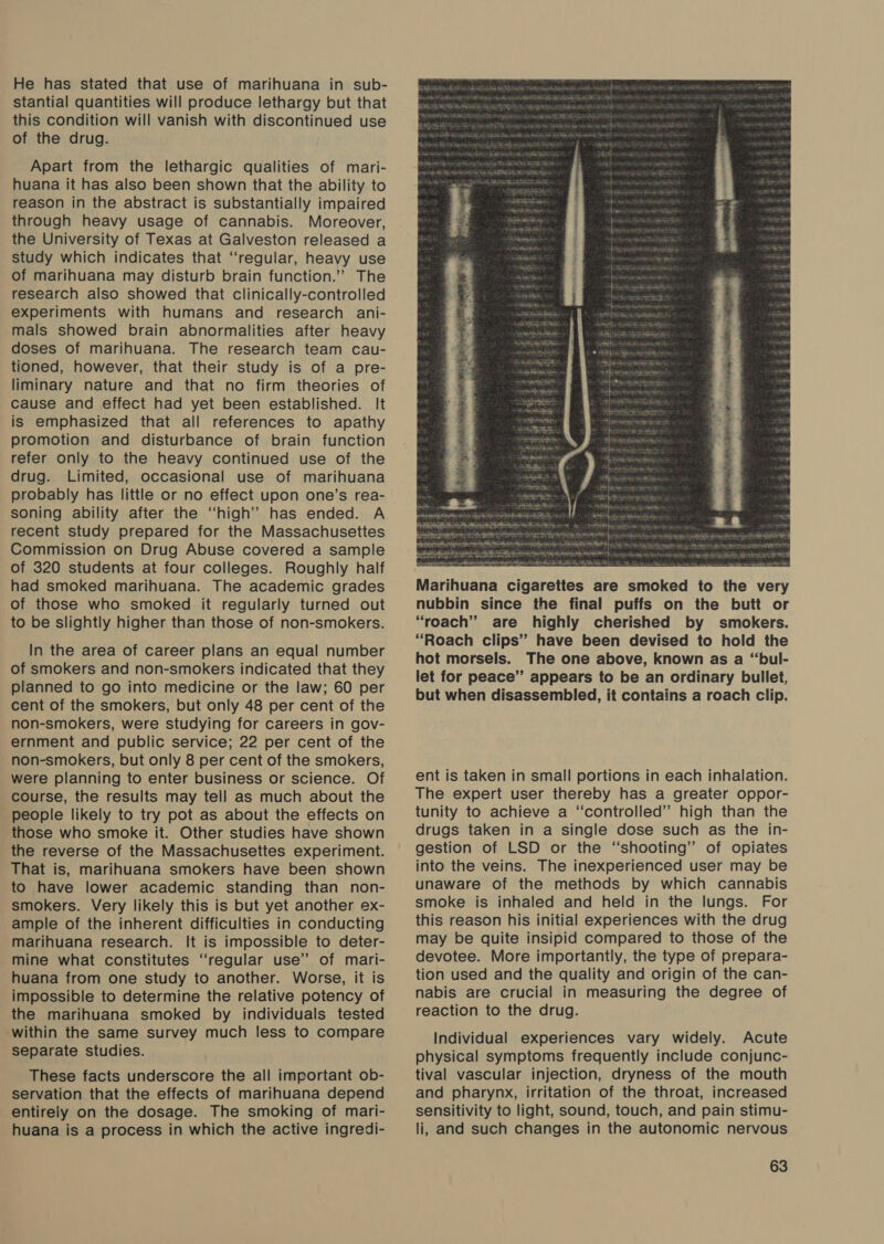 He has stated that use of marihuana in sub- stantial quantities will produce lethargy but that this condition will vanish with discontinued use of the drug. Apart from the lethargic qualities of mari- huana it has also been shown that the ability to reason in the abstract is substantially impaired through heavy usage of cannabis. Moreover, the University of Texas at Galveston released a study which indicates that ‘‘regular, heavy use of marihuana may disturb brain function.” The research also showed that clinically-controlled experiments with humans and research ani- mals showed brain abnormalities after heavy doses of marihuana. The research team cau- tioned, however, that their study is of a pre- liminary nature and that no firm theories of cause and effect had yet been established. It is emphasized that all references to apathy promotion and disturbance of brain function refer only to the heavy continued use of the drug. Limited, occasional use of marihuana probably has little or no effect upon one’s rea- soning ability after the “high” has ended. A recent study prepared for the Massachusettes Commission on Drug Abuse covered a sample of 320 students at four colleges. Roughly half had smoked marihuana. The academic grades of those who smoked it regularly turned out to be slightly higher than those of non-smokers. In the area of career plans an equal number of smokers and non-smokers indicated that they planned to go into medicine or the law; 60 per cent of the smokers, but only 48 per cent of the non-smokers, were studying for careers in gov- ernment and public service; 22 per cent of the non-smokers, but only 8 per cent of the smokers, were planning to enter business or science. Of course, the results may tell as much about the people likely to try pot as about the effects on those who smoke it. Other studies have shown the reverse of the Massachusettes experiment. That is, marihuana smokers have been shown to have lower academic standing than non- smokers. Very likely this is but yet another ex- ample of the inherent difficulties in conducting marihuana research. It is impossible to deter- mine what constitutes “regular use” of mari- huana from one study to another. Worse, it is impossible to determine the relative potency of the marihuana smoked by individuals tested within the same survey much less to compare separate studies. These facts underscore the all important ob- servation that the effects of marihuana depend entirely on the dosage. The smoking of mari- huana is a process in which the active ingredi-  Marihuana cigarettes are smoked to the very nubbin since the final puffs on the butt or “roach” are highly cherished by smokers. “Roach clips’ have been devised to hold the hot morsels. The one above, known as a “bul- let for peace” appears to be an ordinary bullet, but when disassembled, it contains a roach clip. ent is taken in small portions in each inhalation. The expert user thereby has a greater oppor- tunity to achieve a “controlled” high than the drugs taken in a single dose such as the in- gestion of LSD or the “shooting” of opiates into the veins. The inexperienced user may be unaware of the methods by which cannabis smoke is inhaled and held in the lungs. For this reason his initial experiences with the drug may be quite insipid compared to those of the devotee. More importantly, the type of prepara- tion used and the quality and origin of the can- nabis are crucial in measuring the degree of reaction to the drug. Individual experiences vary widely. Acute physical symptoms frequently include conjunc- tival vascular injection, dryness of the mouth and pharynx, irritation of the throat, increased sensitivity to light, sound, touch, and pain stimu- li, and such changes in the autonomic nervous