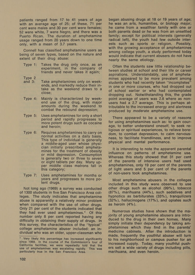 patients ranged from 17 to 41 years of age with an average age of 25; of these, 71 per cent were males and 30 per cent were females; 52 were white, 7 were Negro, and there was a Puerto Rican. The duration of amphetamine usage ranged from 20 years down to one time only, with a mean of 3.7 years. Connell has classified amphetamine users as being of seven types, based on the nature and extent of their drug abuse: Type 1: Takes the drug only once, as an experiment, in the company of friends and never takes it again; Type 2 and 3: Take amphetamines only on week- ends, and markedly reduce their in- take as the weekend draws to a close; Type 4: Mainly is characterized by week- end use of the drug, with major amounts during the weekend to combat the rebound depression; Type 5: Uses amphetamines for only a short period and rapidly progresses to more potent drugs such as cocaine and heroin; Type 6: Requires amphetamines to carry on normal activities on a daily basis. This type of individual is generally a middle-aged user whose physi- cian initially prescribed ampheta- mines for the treatment of obesity or mild depression. Consumption is generally two or three to seven or eight tablets per day. Many up- per middle class matrons fall in this category; Type 7: Uses amphetamines for months or years and progresses to more po- tent drugs. Not long ago (1969) a survey was conducted of 1300 students in five San Francisco Area col- leges. The study indicates that amphetamine abuse is apparently a relatively minor problem when compared with the use of other drugs. Only 21 per cent of the students indicated that they had ever used amphetamines.* Of this number only 8 per cent reported having any difficulty in obtaining their supply of drugs. In this survey, the characteristics of the ‘‘typical” college amphetamine abuser included: an in- dividual who was an older, upper-classman who * Very likely this percentage has increased significantly since 1969. In the course of the Commission’s tour of California facilities, we were repeatedly told that the use of amphetamines was escalating rapidly. This was particularly true in the San Francisco Area. 102 began abusing drugs at 18 or 19 years of age; he was an arts, humanities, or biology major; he came from a wealthier family with one or both parents dead or he was from an unsettled family; except for political interests (generally radical left), the youth had few outside inter- ests such as sports or religion. Possibly, with the growing acceptance of amphetamines among college youth, a study performed today would indicate that current abusers do not have nearly the same etiology. Often the students saw little relationship be- tween studies at school and their life or career aspirations. Understandably, use of ampheta- mines appeared to be more prevalent among students who had recently taken “incompletes” in one or more courses, who had dropped out of school earlier or who had contemplated dropping out. Notwithstanding this, the grade point average of users was 2.8 where as non- users had a 2.7 average. This is perhaps at- tributable to the increased energy and alertness produced by moderate amphetamine use. There appeared to be a variety of reasons for using amphetamines such as: to gain cour- age, to better understand oneself, to seek re- ligious or spiritual experiences, to relieve bore- dom, to combat depression, to calm nervous- ness, to facilitate friendliness, and to improve physical and mental performance. It is interesting to note the apparent parental influence on patterns of amphetamine use. Whereas this study showed that 31 per cent of the parents of intensive users had used amphetamines, only 19 per cent of the parents of light users and 5 per cent of the parents of non-users took amphetamines. Most amphetamine abusers in the colleges included in this study were observed to use other drugs such as alcohol (99%), tobacco (87%), marihuana (44%), such sedatives and hypnotics as barbiturates (33%), tranquilizers (32%), hallucinogens (17%), and opiates such as heroin (4%). Numerous studies have shown that the ma- jority of young amphetamine abusers are intro- duced to the drug in their own homes. Many simply initiate their dependency by taking am- phetamines which they find in the parents’ medicine cabinets. After the introduction is made, frequently the youthful abuser will turn to his neighborhood or campus pusher for an increased supply. Today, many youthful push- ers sell a wide variety of drugs including pills, marihuana, and even heroin.