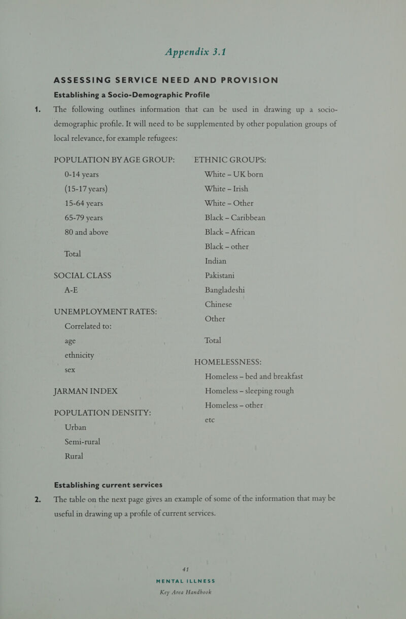 ASSESSING SERVICE NEED AND PROVISION Establishing a Socio-Demographic Profile The following outlines information that can be used in drawing up a socio- demographic profile. It will need to be supplemented by other population groups of local relevance, for example refugees: POPULATION BY AGE GROUP: ETHNIC GROUPS: 0-14 years White - UK born (15-17 years) White - Irish 15-64 years White - Other 65-79 years Black - Caribbean 80 and above Black - African Black - other Total Indian SOCIAL CLASS Pakistani A-E Bangladeshi Chinese UNEMPLOYMENT RATES: Other Correlated to: age Total ethnicity HOMELESSNESS: sex Homeless — bed and breakfast JARMAN INDEX Homeless — sleeping rough Homeless - other POPULATION DENSITY: Ete Urban Semi-rural Rural Establishing current services The table on the next page gives an example of some of the information that may be useful in drawing up a profile of current services. 41 MENTAL ILLNESS