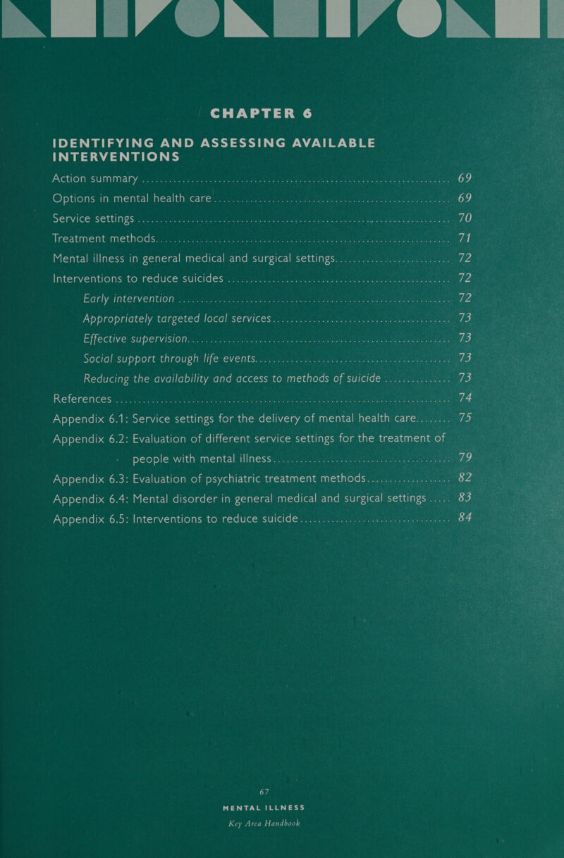  BE? CAREY OAH CHAPTER 6 IDENTIFYING AND ASSESSING AVAILABLE INTERVENTIONS Action summary. &lt;..22. 6. 2o¢ccess es Maka Bves 2 ee ene ee 69 Options in. mental health carel...o. 0.00. SA 69 Service. settings oo... .0s 5 PR es o e : 0 Treatment methods. ioe Bieea Mental illness in general medical and surgical settings................. RE 72 oo Interventions to reduce suicides coe Early intervention: 3.3. 0. feces ees ae os cee ee Oe re : 12 Appropriately targeted local serviceS..) 3)... a a 73 Effective supervision... .. 2:0 eter i 73 or : Social support through, life events. 35. 2 a ae Me, | i } Reducing the availability and access to methods of suicide .......... ae 73. ae References... 0. f nas es De a ee &amp; 74 ee Appendix 6.1: Service settings for the delivery of mental health Care: eee epee e Appendix 6.2: Evaluation of different service settings for the treatment of :  ae : people with mental illness ..00 ee oe 190% : Appendix 6.3: Evaluation of psychiatric treatment methods.) a B26 Appendix 6.4: Mental disorder in general medical and surgical settings aa Appendix 6.5: Interventions to reduce suicide........... PO Ea eS ie at 3 84 a  67 MENTAL ILLNESS