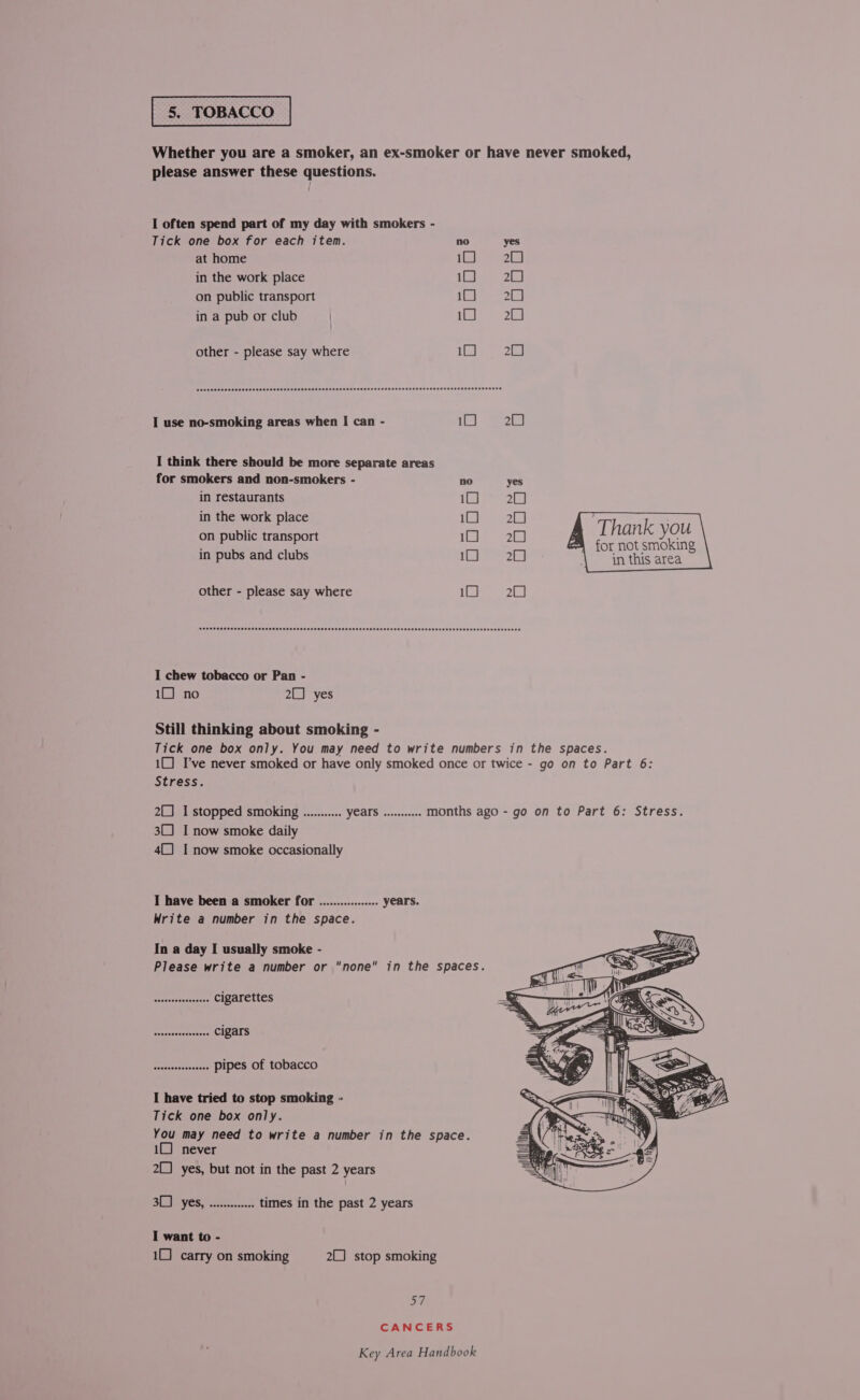 5. TOBACCO Whether you are a smoker, an ex-smoker or have never smoked, please answer these questions. I often spend part of my day with smokers -    Tick one box for each item. no yes at home Re J in the work place Liao 2] on public transport 1 Sl Kamae in a pub or club | Hl? 6263 other - please say where it. 26) I use no-smoking areas when I can - 10 20 I think there should be more separate areas for smokers and non-smokers - no yes in restaurants SF inate in the work place te eek) on public transport a ie di hank y ee in pubs and clubs 10 20 in this area other - please say where Bie Ate eee Cece sere ee eeeee eT eES EEE CHEFS OSH OEEHTOEEEESEO OSE EEHOSESEROEEESE EEE EEEE SERS OREO ESOS I chew tobacco or Pan - 10) no 200 yes Still thinking about smoking - Tick one box only. You may need to write numbers in the spaces. 10) I’ve never smoked or have only smoked once or twice - go on to Part 6: Stress. 2C I stopped smoking ........... NGATSiecccoasrens months ago - go on to Part 6: Stress. 30) I now smoke daily 40) I now smoke occasionally I have been a smoker for ................. years. Write a number in the space. In a day I usually smoke - Please write a number or “none” in the spaces. Se deseatnnatat cigarettes Sasdeaatansnees pipes of tobacco I have tried to stop smoking - Tick one box only. You may need to write a number in the space. 10) never 2C) yes, but not in the past 2 years  ISP R VOR iene x times in the past 2 years I want to - 101) carry on smoking 200 stop smoking 57 CANCERS