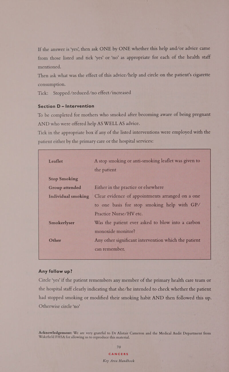 If the answer is ‘yes’, then ask ONE by ONE whether this help and/or advice came from those listed and tick ‘yes’ or ‘no’ as appropriate for each of the health staff mentioned. Then ask what was the effect of this advice/help and circle on the patient’s cigarette consumption. Tick: Stopped/reduced/no effect /increased Section D - Intervention To be completed for mothers who smoked after becoming aware of being pregnant AND who were offered help AS WELL AS advice. Tick in the appropriate box if any of the listed interventions were employed with the patient either by the primary care or the hospital services: A stop smoking or anti-smoking leaflet was given to the patient Stop Smoking Group attended Either in the practice or elsewhere Individual smoking Clear evidence of appointments arranged on a one to one basis for stop smoking help with GP/ Practice Nurse/HV etc. Smokerlyser Was the patient ever asked to blow into a carbon monoxide monitor? can remember.  Any follow up? Circle ‘yes’ if the patient remembers any member of the primary health care team or the hospital staff clearly indicating that she/he intended to check whether the patient had stopped smoking or modified their smoking habit AND then followed this up. Otherwise circle ‘no’ Acknowledgement: We are very grateful to Dr Alistair Cameron and the Medical Audit Department from Wakefield FHSA for allowing us to reproduce this material. 70 CANCERS