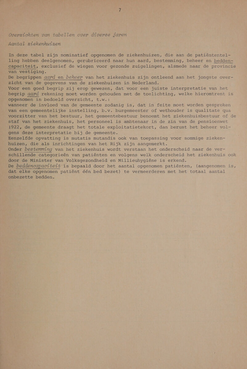 Overzichten van tabellen over diverse jaren Aantal ziekenhuizen In deze tabel zijn nominatief opgenomen de ziekenhuizen, die aan de patiëntentel- ling hebben deelgenomen, gerubriceerd naar hun aard, bestemming, beheer en bedden- capaciteit, exclusief de wiegen voor gezonde zuigelingen, alsmede naar de provincie van vestiging. De begrippen aard en beheer van het ziekenhuis zijn ontleend aan het jongste over- zicht van de gegevens van de ziekenhuizen in Nederland. Voor een goed begrip zij erop gewezen, dat voor een juiste interpretatie van het „begrip aard rekening moet worden gehouden met de toelichting, welke hieromtrent is opgenomen in bedoeld overzicht, t.w.: wanneer de invloed van de gemeente zodanig is, dat in feite moet worden gesproken van een gemeentelijke instelling, b.v. burgemeester of wethouder is qualitate qua voorzitter van het bestuur, het gemeentebestuur benoemt het ziekenhuisbestuur of de staf van het ziekenhuis, het personeel is ambtenaar in de zin van de pensioenwet 1922, de gemeente draagt het totale exploitatietekort, dan berust het beheer vol- gens deze interpretatie bij de gemeente. Eenzelfde opvatting is mutatis mutandis ook van toepassing voor sommige zieken- huizen, die als inrichtingen van het Rijk zijn aangemerkt. Onder bestemming van het ziekenhuis wordt verstaan het onderscheid naar de ver- schillende categorieën van patiënten en volgens welk onderscheid het ziekenhuis ook door de Minister van Volksgezondheid en Millieuhygiëne is erkend. De beddeneapaciteit is bepaald door het aantal opgenomen patiënten, (aangenomen is, dat elke opgenomen patiënt één bed bezet) te vermeerderen met het totaal aantal onbezette bedden. 