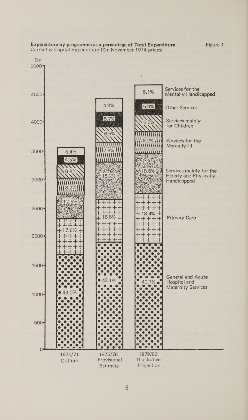 Expenditure by programme as a percentage of Total Expenditure Figure 1 Current &amp; Capital Expenditure (£m November 1974 prices)       £m 5000 Services for the 4500 Mentally Handicapped M Other Services % Servi inl A4000« fg Mare eg x ervices mainly pate eA Aa for Children REN NX \SS Services for the | Mentally II 3500 Services mainly for the Elderly and Physically Handicapped  30004  Primary Care 20004  1500    General and Acute Hospital and Maternity Services JSS 0. @ 6 © @yx 4 ® e] 1000 Ce) e@ @ 8 ° r) r) @ @ @ @ @ © © (200080800080 @ eo eo @ 0 @ @| eee @| e606 e| c¢ @ 6 © | @9eeee =. ®@eee0 ®©6€@ 86 @ @ 5004 ®@ 6686 06 @ ®   1970/71 1978/80 Outturn Provisional Iustrative Estimate Projection