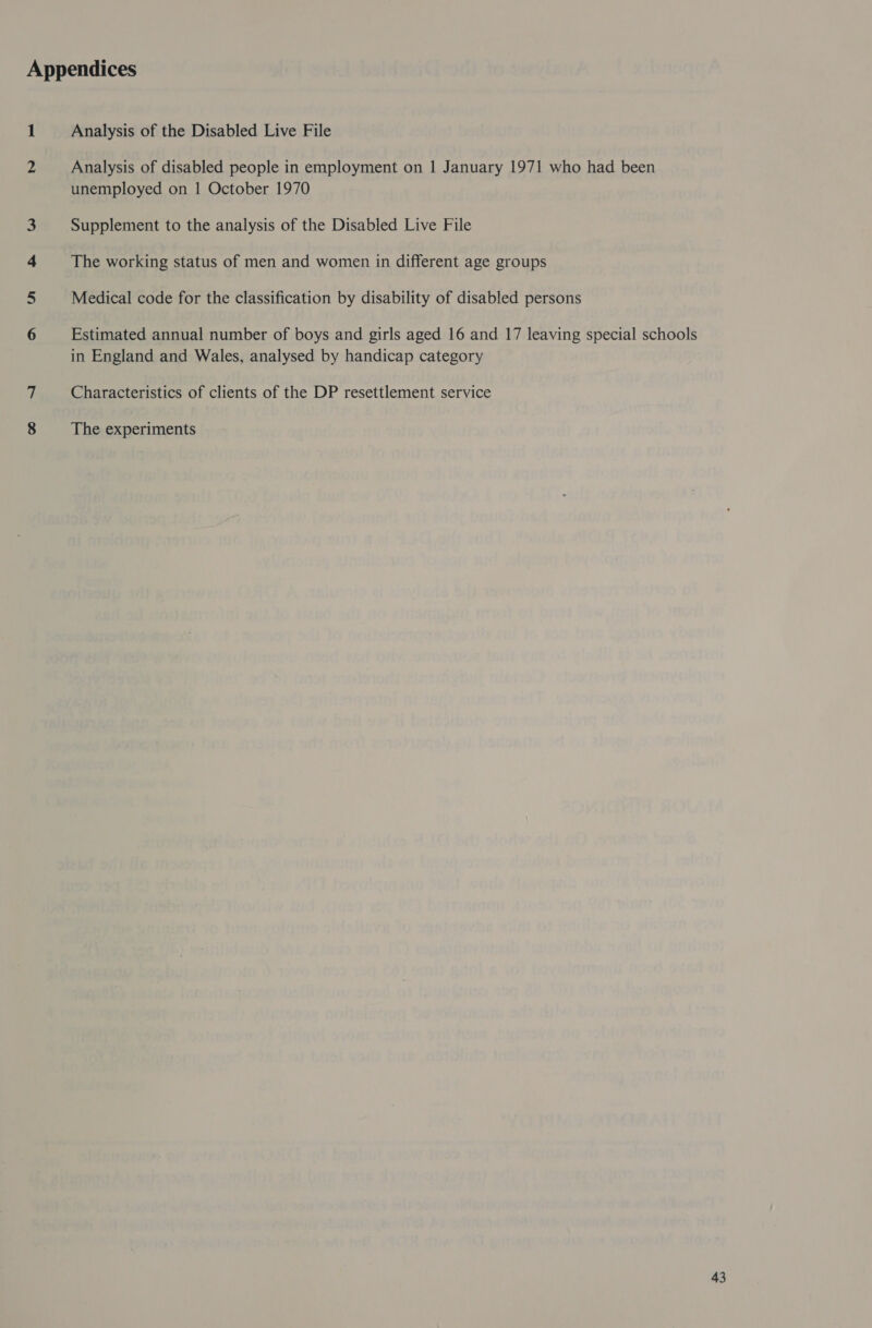 nA nan —P W | Analysis of the Disabled Live File Analysis of disabled people in employment on | January 1971 who had been unemployed on 1 October 1970 Supplement to the analysis of the Disabled Live File The working status of men and women in different age groups Medical code for the classification by disability of disabled persons Estimated annual number of boys and girls aged 16 and 17 leaving special schools in England and Wales, analysed by handicap category Characteristics of clients of the DP resettlement service The experiments