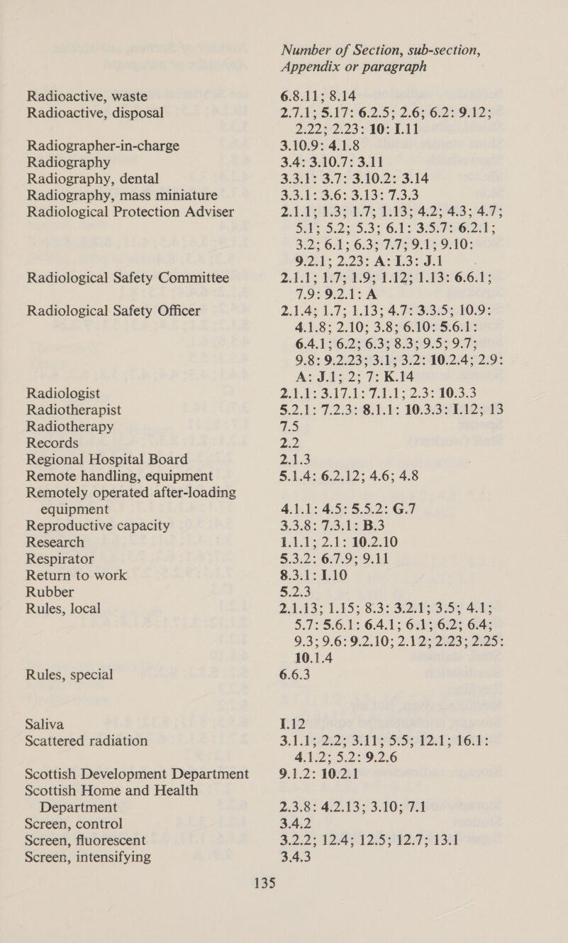 Radioactive, waste Radioactive, disposal Radiographer-in-charge Radiography Radiography, dental Radiography, mass miniature Radiological Protection Adviser Radiological Safety Committee Radiological Safety Officer Radiologist Radiotherapist Radiotherapy Records Regional Hospital Board Remote handling, equipment Remotely operated after-loading equipment Reproductive capacity Research Respirator Return to work Rubber Rules, local Rules, special Saliva Scattered radiation Scottish Development Department Scottish Home and Health Department Screen, control Screen, fluorescent Screen, intensifying Number of Section, sub-section, Appendix or paragraph 6.8.11; 8.14 2:74: S17 26.2.5: 2.67622 9A2; 2.22; 2.23: 10: L.11 3.10.9: 4.1.8 3.4: 3.10.7: 3.11 3.3.1: 3.7: 3.10.2: 3.14 3.5.1 :,3:6: 3.132 7.333 2AAP RBs 34222 43 4s 5:12 5.2: 5.35 6.44: SS 62a4 ; 3.2: 6:1: 6.307 GAO: O21: 2237 A137 54 ZA; RISO AZS 1 138? 664 7.9:9.2.1:A 2.1.4: 1.7: 1.13; 4.753:3753 102: 4.1.8; 2.10; 3.8; 6.10: 5.6.1: 6.4.1; 6.2; 6.3; 8.3; 9.5; 9.7; 9.8: 9.2.23; 3.1; 3.2: 10.2.4; 2.9: A: J.1; 2; 7: K.14 ZUM: 3.17.12 TA 2 2.32 1033 §.21°7.25° 8.1.15 Wi33ehwss 7.5 2.2 2.13 5.1.4: 6.2.12; 4.6; 4.8 4.1.1: 4.5: 5.5.2: G.7 3.3.8: 7.3.12 B.3 1.1.122.1: 10.2.10 5.3.2: 6.7.9; 9.11 8.3.1: 1.10 5.23 2.1.13; 1.15; 8.3: 3.2:73; 333 4.414 5.7: 5.6.1: 6.4.1; 6.1; 6.2; 6.4; 9.3: 9.6: 9.2.10; 2.1252.23;.225: 10.1.4 6.6.3 1.12 3.1.55-2323 Sil SP i216: 4.1.2; 5.2: 9.2.6 9.1.2: 10.2.1 2.3.8: 4.2.13; 3.10; 7.1 3.4.2 3.22; WAI SIZ 7 213A 3.4.3