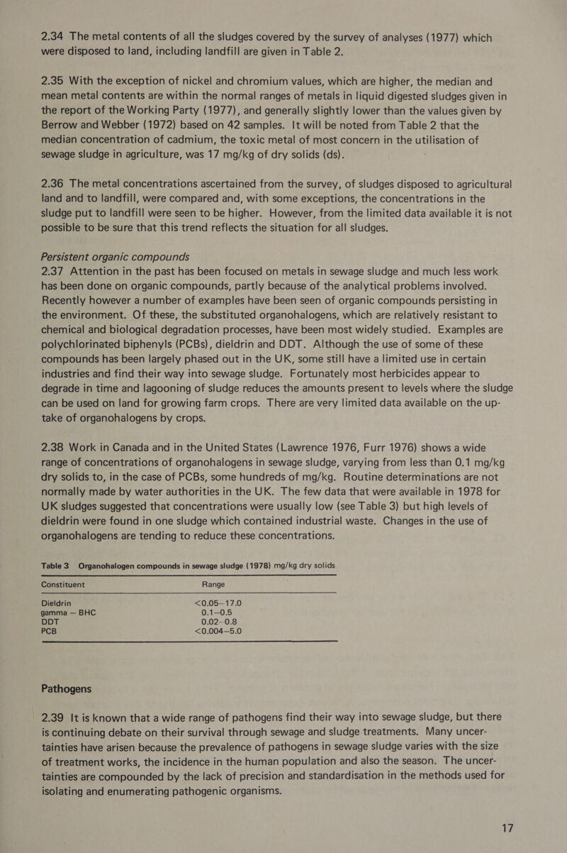 2.34 The metal contents of all the sludges covered by the survey of analyses (1977) which were disposed to land, including landfill are given in Table 2. 2.35 With the exception of nickel and chromium values, which are higher, the median and mean metal contents are within the normal ranges of metals in liquid digested sludges given in the report of the Working Party (1977), and generally slightly lower than the values given by Berrow and Webber (1972) based on 42 samples. It will be noted from Table 2 that the median concentration of cadmium, the toxic metal of most concern in the utilisation of sewage sludge in agriculture, was 17 mg/kg of dry solids (ds). 2.36 The metal concentrations ascertained from the survey, of sludges disposed to agricultural land and to landfill, were compared and, with some exceptions, the concentrations in the sludge put to landfill were seen to be higher. However, from the limited data available it is not possible to be sure that this trend reflects the situation for all sludges. Persistent organic compounds 2.37 Attention in the past has been focused on metals in sewage sludge and much less work has been done on organic compounds, partly because of the analytical problems involved. Recently however a number of examples have been seen of organic compounds persisting in the environment. Of these, the substituted organohalogens, which are relatively resistant to chemical and biological degradation processes, have been most widely studied. Examples are polychlorinated biphenyls (PCBs), dieldrin and DDT. Although the use of some of these compounds has been largely phased out in the UK, some still have a limited use in certain industries and find their way into sewage sludge. Fortunately most herbicides appear to degrade in time and lagooning of sludge reduces the amounts present to levels where the sludge can be used on land for growing farm crops. There are very limited data available on the up- take of organohalogens by crops. 2.38 Work in Canada and in the United States (Lawrence 1976, Furr 1976) shows a wide range of concentrations of organohalogens in sewage sludge, varying from less than 0.1 mg/kg dry solids to, in the case of PCBs, some hundreds of mg/kg. Routine determinations are not normally made by water authorities in the UK. The few data that were available in 1978 for UK sludges suggested that concentrations were usually low (see Table 3) but high levels of dieldrin were found in one sludge which contained industrial waste. Changes in the use of organohalogens are tending to reduce these concentrations. Table 3. Organohalogen compounds in sewage sludge (1978) mg/kg dry solids   Constituent Range Dieldrin &lt;0.05—17.0 gamma — BHC — 0.1—0.5 DDT 0.02--0.8 PCB &lt;0.004—5.0 Pathogens 2.39 It is known that a wide range of pathogens find their way into sewage sludge, but there is continuing debate on their survival through sewage and sludge treatments. Many uncer- tainties have arisen because the prevalence of pathogens in sewage sludge varies with the size of treatment works, the incidence in the human population and also the season. The uncer- tainties are compounded by the lack of precision and standardisation in the methods used for isolating and enumerating pathogenic organisms.