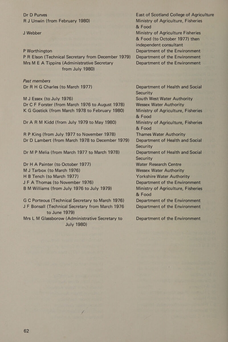 Dr D Purves» R J Unwin (from February 1980) J Webber P Worthington Past members M J Essex (to July 1976) Dr H A Painter (to October 1977) M J Tarbox (to March 1976) H B Tench (to March 1977) to June 1979) July 1980) 62 Ministry of Agriculture, Fisheries &amp; Food Ministry of Agriculture Fisheries &amp; Food (to October 1977) then independent consultant Department of the Environment Department of the Environment Department of the Environment Department of Health and Social Security South West Water Authority Wessex Water Authority Ministry of Agriculture, Fisheries &amp; Food Ministry of Agriculture, Fisheries &amp; Food Thames Water Authority Department of Health and Social Security Department of Health and Social Security Water Research Centre Wessex Water Authority Yorkshire Water Authority Department of the Environment Ministry of Agriculture, Fisheries &amp; Food Department of the Environment Department of the Environment Department of the Environment