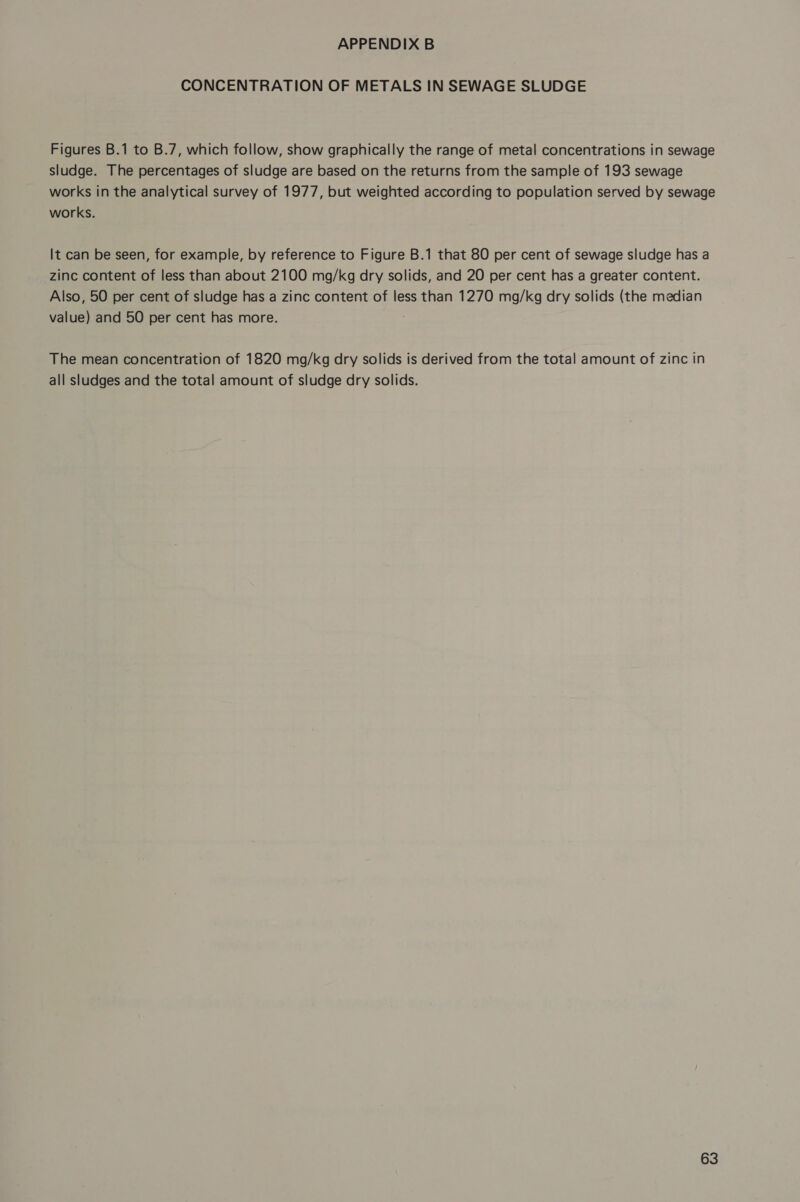 APPENDIX B CONCENTRATION OF METALS IN SEWAGE SLUDGE Figures B.1 to B.7, which follow, show graphically the range of metal concentrations in sewage sludge. The percentages of sludge are based on the returns from the sample of 193 sewage works in the analytical survey of 1977, but weighted according to population served by sewage works. It can be seen, for example, by reference to Figure B.1 that 80 per cent of sewage sludge has a zinc content of less than about 2100 mg/kg dry solids, and 20 per cent has a greater content. Also, 50 per cent of sludge has a zinc content of less than 1270 mg/kg dry solids (the median value) and 50 per cent has more. The mean concentration of 1820 mg/kg dry solids is derived from the total amount of zinc in all sludges and the total amount of sludge dry solids.