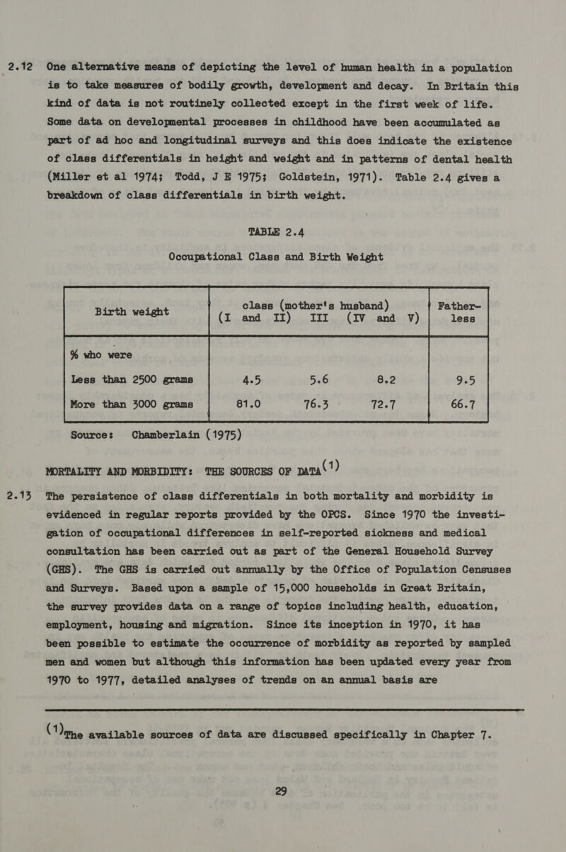 is to take measures of bodily growth, development and decay. In Britain this kind of data is not routinely collected except in the first week of life. Some data on developmental processes in childhood have been accumulated as part of ad hoc and longitudinal surveys and this does indicate the existence of class differentials in height and weight and in patterns of dental health (Miller et al 1974; Todd, J E 1975; Goldstein, 1971). Table 2.4 gives a breakdown of class differentials in birth weight. Occupational Class and Birth Weight class (mother's husband) | Father- (I and II) III (IV and V) less % who were Less than 2500 grams 5.6 8.2  Source: Chamberlain (1975) MORTALITY AND MORBIDITY: THE SOURCES OF pata‘1) evidenced in regular reports provided by the OPCS. Since 1970 the investi- gation of occupational differences in self-reported sickness and medical consultation has been carried out as part of the General Household Survey (GHS). The GHS is carried out annually by the Office of Population Censuses and Surveys. Based upon a sample of 15,000 households in Great Britain, the survey provides data on a range of topics including health, education, employment, housing and migration. Since its inception in 1970, it has been possible to estimate the occurrence of morbidity as reported by sampled men and women but although this information has been updated every year from 1970 to 1977, detailed analyses of trends on an annual basis are  (ame available sources of data are discussed specifically in Chapter 7.