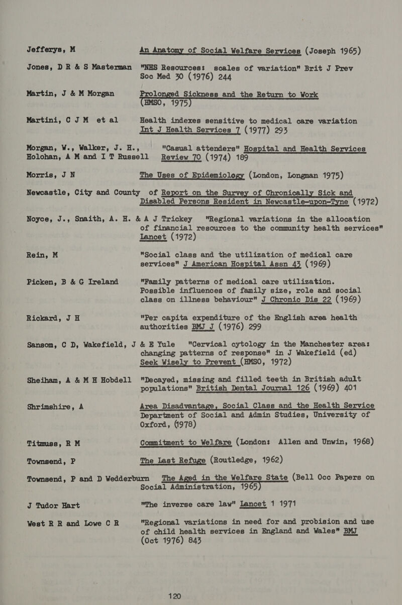 Jefferys, M An Anatomy of Social Welfare Services (Joseph 1965) Jones, DR &amp; S Masterman NHS Resources: scales of variation Brit J Prev Soc Med 30 (1976) 244 Martin, J &amp; M Morgan Prolonged Sickness and the Return to Work (HMSO, 1975) Martini, CJM etal Health indexes sensitive to medical care variation Int_J Health Services 7 (1977) 293 Morgan, W., Walker, J. H., Casual attenders Hospital and Health Services Holohan, A Mand IT Russell Review 70 (1974) 189 Morris, J N The Uses of Epidemiology (London, Longman 1975) Newcastle, City and County of Report on the Survey of Chronically Sick and Disabled Persons Resident in Newcastle-upon-Tyne (1972) Noyce, J., Snaith, A. H. &amp; A J Trickey Regional variations in the allocation of financial resources to the community health services Lancet (1972) Rein, M Social class and the utilization of medical care services J American Hospital Assn 43 (1969) Picken, B &amp; G Ireland Family patterns of medical care utilization. Possible influences of family size, role and social class on illness behaviour J Chronic Dis 22 (1969) Rickard, J H Per capita expenditure of the English area health authorities BMJ J (1976) 299 Sansom, C D, Wakefield, J &amp; E Yule Cervical cytology in the Manchester areas changing patterns of response in J Wakefield (ed) Seek Wisely to Prevent (HMSO, 1972) Sheiham, A &amp; MH Hobdell Decayed, missing and filled teeth in British adult populations British Dental Journal 126 (1969) 401  Shrimshire, A Area Disadvantage, Social Class and the Health Service Department of Social and Admin Studies, University of Oxford, (1978) Titmss, RM Commitment to Welfare (London: Allen and Unwin, 1968) Townsend, P The Last Refuge (Routledge, 1962) Townsend, P and D Wedderburn The Aged in the Welfare State (Bell Occ Papers on fdatalrAminia peaacnigiaes ws aa J Tudor Hart The inverse care law Lancet 1 1971 West R R and Lowe CR Regional variations in need for and probision and use of child health services in England and Wales BMJ (Oct 1976) 843 a