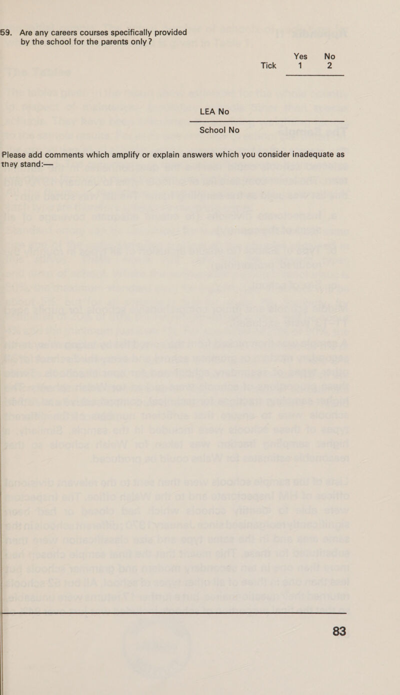 59. Are any careers courses specifically provided by the school for the parents only ? Yes No Tick 1 2 LEA No School No 