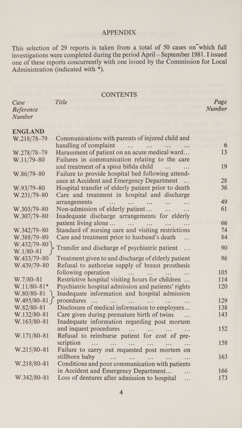 APPENDIX Case Reference Number ENGLAND W.218/78-79 W.278/78-79 W.11/79-80 W.86/79-80 W.93/79-80 W.231/79-80 W.303/79-80 W.307/79-80 W.342/79-80 W.388/79-80 W.432/79-80 W.1/80-81 W.433/79-80 W.439/79-80 W.7/80-81 W.11/80-81* W.80/80-81 W.495/80-81 W.82/80-81 W.132/80-81 W.163/80-81 W.171/80-81 W.215/80-81 W.218/80-81 W.342/80-81 CONTENTS Title Communications with parents of injured child and handling of complaint Harassment of patient on an acute medical ward.. Failures in communication relating to the care and treatment of a spina bifida child Failure to provide hospital bed following attend- ance at Accident and Emergency Department Hospital transfer of elderly patient prior to death Care and treatment in i seas and discharge arrangements Non-admission of elderly patient .. nF Inadequate ras arrangements for “elderly patient living alone.. Standard of nursing care and visiting restrictions Care and treatment prior to husband’s death Transfer and discharge of psychiatric patient Treatment given to and discharge of elderly patient Refusal to authorise supply of breast prosthesis following operation ee Restrictive hospital visiting hours for children ss Psychiatric hospital admission and patients’ rights Inadequate information and hospital admission procedures Disclosure of medical information to employers... Care given during premature birth of twins Inadequate information regarding post mortem and inquest procedures Refusal to reimburse patient for cost “of pre- scription Failure to carry out “requested post mortem on stillborn baby Conditions and poor communication with patients in Accident and Emergency Department... Loss of dentures after admission to hospital 4 Page Number 19 28 49 61 66 84 90 96 105 114 120 129 138 143 152 158 163 166 173