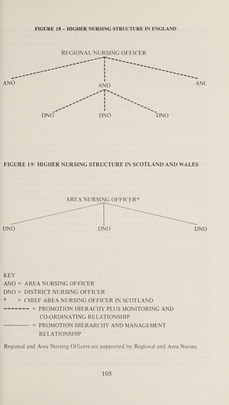 FIGURE 18 —- HIGHER NURSING STRUCTURE IN ENGLAND REGIONAL NURSING OFFICER FIGURE 19: HIGHER NURSING STRUCTURE IN SCOTLAND AND WALES AREA NURSING OFFICER* DNO DNO DNO EY. ANO = AREA NURSING OFFICER DNO = DISTRICT NURSING OFFICER - = CHIEF AREA NURSING OFFICER IN SCOTLAND fee eee sie = PROMOTION HIERACHY PLUS MONITORING AND CO-ORDINATING RELATIONSHIP ———— = PROMOTION HIERARCHY AND MANAGEMENT RELATIONSHIP Regional and Area Nursing Officers are supported by Regional and Area Nurses.