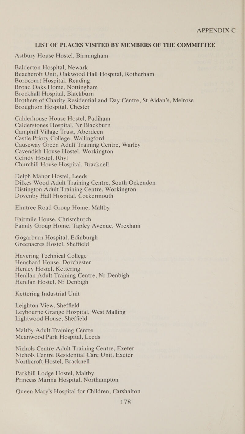 APPENDIX C LIST OF PLACES VISITED BY MEMBERS OF THE COMMITTEE Astbury House Hostel, Birmingham Balderton Hospital, Newark Beachcroft Unit, Oakwood Hall Hospital, Rotherham Borocourt Hospital, Reading Broad Oaks Home, Nottingham Brockhall Hospital, Blackburn Brothers of Charity Residential and Day Centre, St Aidan’s, Melrose Broughton Hospital, Chester Calderhouse House Hostel, Padiham Calderstones Hospital, Nr Blackburn Camphill Village Trust, Aberdeen Castle Priory College, Wallingford Causeway Green Adult Training Centre, Warley Cavendish House Hostel, Workington Cefndy Hostel, Rhyl Churchill House Hospital, Bracknell Delph Manor Hostel, Leeds Dilkes Wood Adult Training Centre, South Ockendon Distington Adult Training Centre, Workington Dovenby Hall Hospital, Cockermouth Elmtree Road Group Home, Maltby Fairmile House, Christchurch Family Group Home, Tapley Avenue, Wrexham Gogarburn Hospital, Edinburgh Greenacres Hostel, Sheffield Havering Technical College Henchard House, Dorchester Henley Hostel, Kettering Henllan Adult Training Centre, Nr Denbigh Henllan Hostel, Nr Denbigh Kettering Industrial Unit Leighton View, Sheffield Leybourne Grange Hospital, West Malling Lightwood House, Sheffield Maltby Adult Training Centre Meanwood Park Hospital, Leeds Nichols Centre Adult Training Centre, Exeter Nichols Centre Residential Care Unit, Exeter Northcroft Hostel, Bracknell Parkhill Lodge Hostel, Maltby Princess Marina Hospital, Northampton Queen Mary’s Hospital for Children, Carshalton