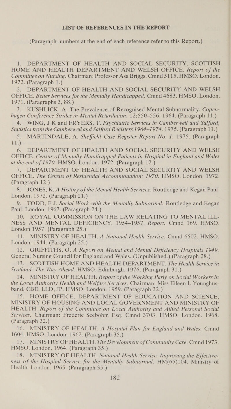 LIST OF REFERENCES IN THE REPORT (Paragraph numbers at the end of each reference refer to this Report.) 1. DEPARTMENT OF HEALTH AND SOCIAL SECURITY, SCOTTISH HOME AND HEALTH DEPARTMENT AND WELSH OFFICE. Report of the Committee on Nursing. Chairman: Professor Asa Briggs. Cmnd 5115. HMSO. London. 1972. (Paragraph 1.) 2. DEPARTMENT OF HEALTH AND SOCIAL SECURITY AND WELSH OFFICE. Better Services for the Mentally Handicapped. Cmnd 4683. HMSO. London. 1971. (Paragraphs 3, 88.) 3. KUSHLICK, A. The Prevalence of Recognised Mental Subnormality. Copen- hagen Conference Strides in Mental Retardation. 12:550-556. 1964. (Paragraph 11.) 4. WING, J K and FRYERS, T. Psychiatric Services in Camberwell and Salford, Statistics from the Camberwell and Salford Registers 1964-1974. 1975. (Paragraph 11.) 5. MARTINDALE, A. Sheffield Case Register Report No. 1. 1975. (Paragraph 11.) 6. DEPARTMENT OF HEALTH AND SOCIAL SECURITY AND WELSH OFFICE. Census of Mentally Handicapped Patients in Hospital in England and Wales at the end of 1970. HMSO. London. 1972. (Paragraph 12.) 7. DEPARTMENT OF HEALTH AND SOCIAL SECURITY AND WELSH OFFICE. The Census of Residential Accommodation: 1970. HMSO. London. 1972. (Paragraph 12.) 8. JONES, K.A History of the Mental Health Services. Routledge and Kegan Paul. London. 1972. (Paragraph 21.) 9. TODD, F J. Social Work with the Mentally Subnormal. Routledge and Kegan Paul. London. 1967. (Paragraph 24.) 10. ROYAL COMMISSION ON THE LAW RELATING TO MENTAL ILL- NESS AND MENTAL DEFICIENCY, 1954-1957. Report. Cmnd 169. HMSO. London 1957. (Paragraph 25.) 11. MINISTRY OF HEALTH.A National Health Service. Cmnd 6502. HMSO. London. 1944. (Paragraph 25.) 12. GRIFFITHS, O. A Report on Mental and Mental Deficiency Hospitals 1949. General Nursing Council for England and Wales. (Unpublished.) (Paragraph 28.) 13. SCOTTISH HOME AND HEALTH DEPARTMENT. The Health Service in Scotland: The Way Ahead. HMSO. Edinburgh. 1976. (Paragraph 31.) 14. MINISTRY OF HEALTH. Report of the Working Party on Social Workers in the Local Authority Health and Welfare Services. Chairman: Miss Eileen L Younghus- band, CBE, LLD, JP. HMSO. London. 1959. (Paragraph 32.) 15. HOME OFFICE, DEPARTMENT OF EDUCATION AND SCIENCE, MINISTRY OF HOUSING AND LOCAL GOVERNMENT AND MINISTRY OF HEALTH. Report of the Committee on Local Authority and Allied Personal Social Services. Chairman: Frederic Seebohm Esq. Cmnd 3703. HMSO. London. 1968. (Paragraph 32.) 16. MINISTRY OF HEALTH. A Hospital Plan for England and Wales. Cmnd 1604. HMSO. London. 1962. (Paragraph 35.) 17. MINISTRY OF HEALTH. The Development of Community Care. Cmnd 1973. HMSO. London. 1964. (Paragraph 35.) 18. MINISTRY OF HEALTH. National Health Service. Improving the Effective- ness of the Hospital Service for the Mentally Subnormal. HM(65)104. Ministry of Health. London. 1965. (Paragraph 35.)