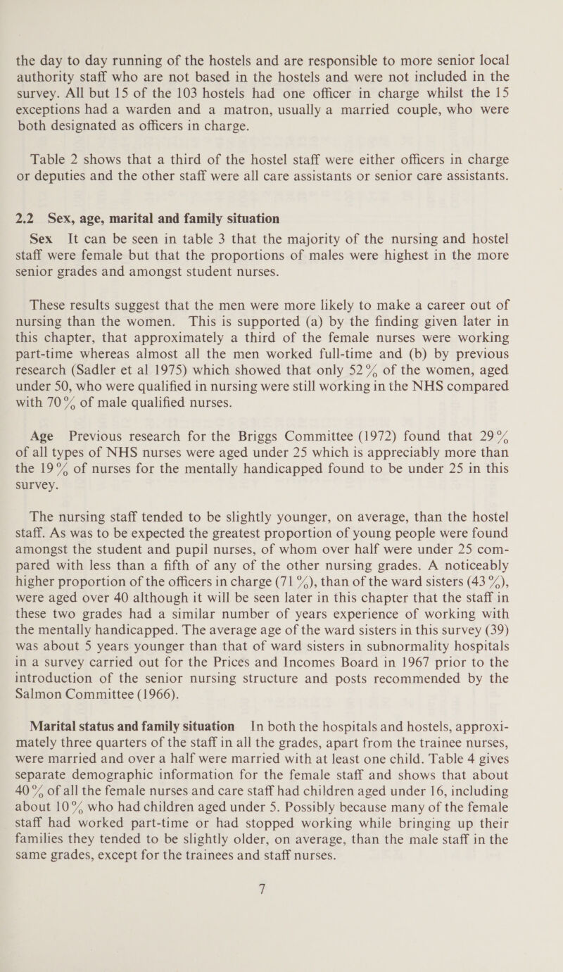 the day to day running of the hostels and are responsible to more senior local authority staff who are not based in the hostels and were not included in the survey. All but 15 of the 103 hostels had one officer in charge whilst the 15 exceptions had a warden and a matron, usually a married couple, who were both designated as officers in charge. Table 2 shows that a third of the hostel staff were either officers in charge or deputies and the other staff were all care assistants or senior care assistants. 2.2 Sex, age, marital and family situation Sex It can be seen in table 3 that the majority of the nursing and hostel staff were female but that the proportions of males were highest in the more senior grades and amongst student nurses. These results suggest that the men were more likely to make a career out of nursing than the women. This is supported (a) by the finding given later in this chapter, that approximately a third of the female nurses were working part-time whereas almost all the men worked full-time and (b) by previous research (Sadler et al 1975) which showed that only 52°% of the women, aged under 50, who were qualified in nursing were still working in the NHS compared with 70% of male qualified nurses. Age Previous research for the Briggs Committee (1972) found that 29% of all types of NHS nurses were aged under 25 which is appreciably more than the 19° of nurses for the mentally handicapped found to be under 25 in this survey. The nursing staff tended to be slightly younger, on average, than the hostel staff. As was to be expected the greatest proportion of young people were found amongst the student and pupil nurses, of whom over half were under 25 com- pared with less than a fifth of any of the other nursing grades. A noticeably higher proportion of the officers in charge (71 %), than of the ward sisters (43 %), were aged over 40 although it will be seen later in this chapter that the staff in these two grades had a similar number of years experience of working with the mentally handicapped. The average age of the ward sisters in this survey (39) was about 5 years younger than that of ward sisters in subnormality hospitals in a survey carried out for the Prices and Incomes Board in 1967 prior to the introduction of the senior nursing structure and posts recommended by the Salmon Committee (1966). Marital status and family situation In both the hospitals and hostels, approxi- mately three quarters of the staff in all the grades, apart from the trainee nurses, were married and over a half were married with at least one child. Table 4 gives separate demographic information for the female staff and shows that about 40% of all the female nurses and care staff had children aged under 16, including about 10% who had children aged under 5. Possibly because many of the female staff had worked part-time or had stopped working while bringing up their families they tended to be slightly older, on average, than the male staff in the same grades, except for the trainees and staff nurses. jh