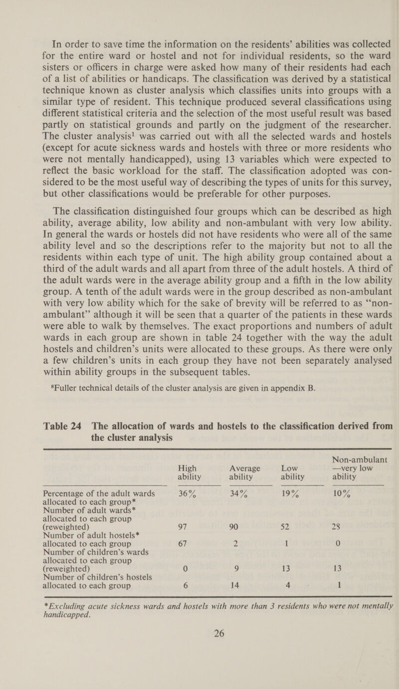 In order to save time the information on the residents’ abilities was collected for the entire ward or hostel and not for individual residents, so the ward sisters or officers in charge were asked how many of their residents had each of a list of abilities or handicaps. The classification was derived by a statistical technique known as cluster analysis which classifies units into groups with a similar type of resident. This technique produced several classifications using different statistical criteria and the selection of the most useful result was based partly on statistical grounds and partly on the judgment of the researcher. The cluster analysis! was carried out with all the selected wards and hostels (except for acute sickness wards and hostels with three or more residents who were not mentally handicapped), using 13 variables which were expected to reflect the basic workload for the staff. The classification adopted was con- sidered to be the most useful way of describing the types of units for this survey, but other classifications would.be preferable for other purposes. The classification distinguished four groups which can be described as high ability, average ability, low ability and non-ambulant with very low ability. In general the wards or hostels did not have residents who were all of the same ability level and so the descriptions refer to the majority but not to all the residents within each type of unit. The high ability group contained about a third of the adult wards and all apart from three of the adult hostels. A third of the adult wards were in the average ability group and a fifth in the low ability group. A tenth of the adult wards were in the group described as non-ambulant with very low ability which for the sake of brevity will be referred to as “‘non- ambulant”’ although it will be seen that a quarter of the patients in these wards were able to walk by themselves. The exact proportions and numbers of adult wards in each group are shown in table 24 together with the way the adult hostels and children’s units were allocated to these groups. As there were only a few children’s units in each group they have not been separately analysed within ability groups in the subsequent tables. SFuller technical details of the cluster analysis are given in appendix B. Table 24 The allocation of wards and hostels to the classification derived from the cluster analysis  Non-ambulant High Average Low —very low ability ability ability ability Percentage of the adult wards 36% 34% {9% 107, allocated to each group* Number of adult wards* allocated to each group (reweighted) 97 90 52 28 Number of adult hostels* allocated to each group 67 2 I 0 Number of children’s wards allocated to each group (reweighted) 0 9 13 13 Number of children’s hostels allocated to each group 6 14 4 1  *Excluding acute sickness wards and hostels with more than 3 residents who were not mentally handicapped.