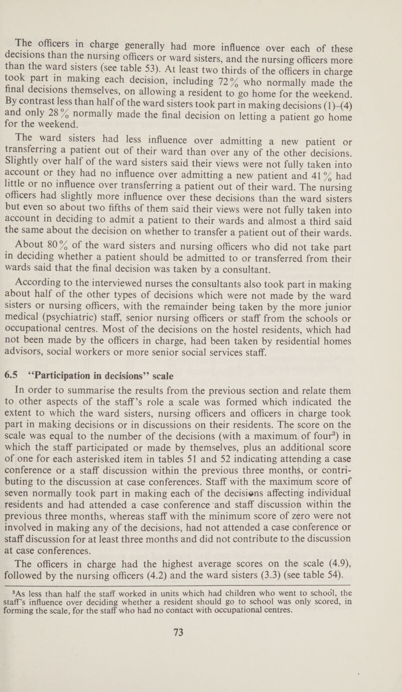 The officers in charge generally had more influence over each of these decisions than the nursing officers or ward sisters, and the nursing officers more than the ward sisters (see table 53). At least two thirds of the officers in charge took part in making each decision, including 72°%% who normally made the final decisions themselves, on allowing a resident to go home for the weekend. By contrast less than half of the ward sisters took part in making decisions (1)—(4) and only 28% normally made the final decision on letting a patient go home for the weekend. The ward sisters had less influence over admitting a new patient or transferring a patient out of their ward than over any of the other decisions. Slightly over half of the ward sisters said their views were not fully taken into account or they had no influence over admitting a new patient and 41% had little or no influence over transferring a patient out of their ward. The nursing officers had slightly more influence over these decisions than the ward sisters but even so about two fifths of them said their views were not fully taken into account in deciding to admit a patient to their wards and almost a third said the same about the decision on whether to transfer a patient out of their wards. About 80% of the ward sisters and nursing officers who did not take part in deciding whether a patient should be admitted to or transferred from their wards said that the final decision was taken by a consultant. According to the interviewed nurses the consultants also took part in making about half of the other types of decisions which were not made by the ward sisters or nursing officers, with the remainder being taken by the more junior medical (psychiatric) staff, senior nursing officers or staff from the schools or occupational centres. Most of the decisions on the hostel residents, which had not been made by the officers in charge, had been taken by residential homes advisors, social workers or more senior social services staff. 6.5 ‘‘Participation in decisions’’ scale In order to summarise the results from the previous section and relate them to other aspects of the staff’s role a scale was formed which indicated the extent to which the ward sisters, nursing officers and officers in charge took part in making decisions or in discussions on their residents. The score on the scale was equal to the number of the decisions (with a maximum, of four*) in which the staff participated or made by themselves, plus an additional score of one for each asterisked item in tables 51 and 52 indicating attending a case conference or a staff discussion within the previous three months, or contri- buting to the discussion at case conferences. Staff with the maximum score of seven normally took part in making each of the decisiens affecting individual _residents and had attended a case conference ‘and staff discussion within the previous three months, whereas staff with the minimum score of zero were not involved in making any of the decisions, had not attended a case conference or staff discussion for at least three months and did not contribute to the discussion at case conferences. The officers in charge had the highest average scores on the scale (4.9), followed by the nursing officers (4.2) and the ward sisters (3.3) (see table 54). 3As less than half the staff worked in units which had children who went to school, the staff’s influence over deciding whether a resident should go to school was only scored, in forming the scale, for the staff who had no contact with occupational centres. 