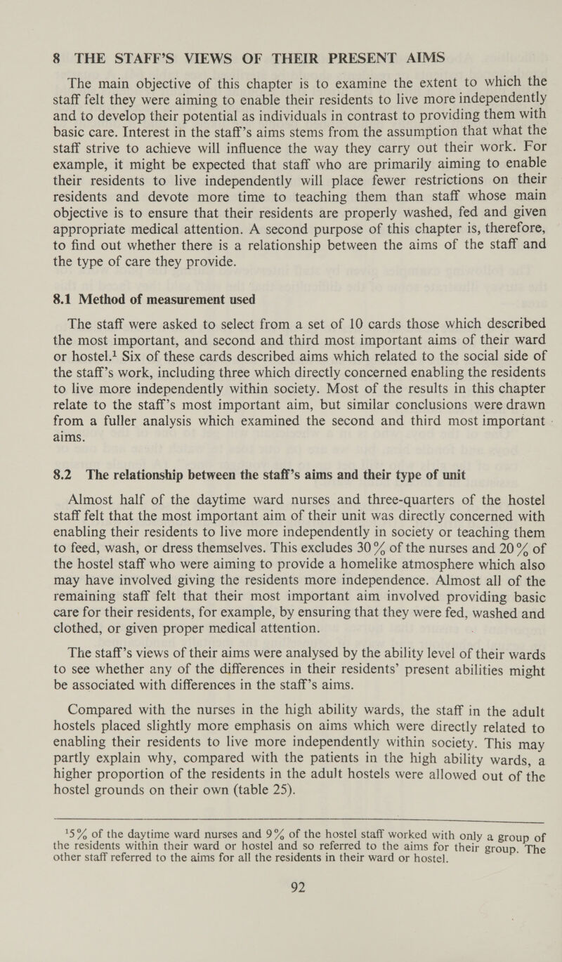 8 THE STAFF’S VIEWS OF THEIR PRESENT AIMS The main objective of this chapter is to examine the extent to which the staff felt they were aiming to enable their residents to live more independently and to develop their potential as individuals in contrast to providing them with basic care. Interest in the staff’s aims stems from the assumption that what the staff strive to achieve will influence the way they carry out their work. For example, it might be expected that staff who are primarily aiming to enable their residents to live independently will place fewer restrictions on their residents and devote more time to teaching them than staff whose main objective is to ensure that their residents are properly washed, fed and given appropriate medical attention. A second purpose of this chapter is, therefore, to find out whether there is a relationship between the aims of the staff and the type of care they provide. 8.1 Method of measurement used The staff were asked to select from a set of 10 cards those which described the most important, and second and third most important aims of their ward or hostel.1 Six of these cards described aims which related to the social side of the staff’s work, including three which directly concerned enabling the residents to live more independently within society. Most of the results in this chapter relate to the staff’s most important aim, but similar conclusions were drawn from a fuller analysis which examined the second and third most important - aims. 8.2 The relationship between the staff’s aims and their type of unit Almost half of the daytime ward nurses and three-quarters of the hostel staff felt that the most important aim of their unit was directly concerned with enabling their residents to live more independently in society or teaching them to feed, wash, or dress themselves. This excludes 30% of the nurses and 20% of the hostel staff who were aiming to provide a homelike atmosphere which also may have involved giving the residents more independence. Almost all of the remaining staff felt that their most important aim involved providing basic care for their residents, for example, by ensuring that they were fed, washed and clothed, or given proper medical attention. . The staff’s views of their aims were analysed by the ability level of their wards to see whether any of the differences in their residents’ present abilities might be associated with differences in the staff’s aims. Compared with the nurses in the high ability wards, the staff in the adult hostels placed slightly more emphasis on aims which were directly related to enabling their residents to live more independently within society. This may partly explain why, compared with the patients in the high ability wards, a higher proportion of the residents in the adult hostels were allowed out of the hostel grounds on their own (table 25).  ‘5% of the daytime ward nurses and 9% of the hostel staff worked with only a group of the residents within their ward or hostel and so referred to the aims for their group. The other staff referred to the aims for all the residents in their ward or hostel.