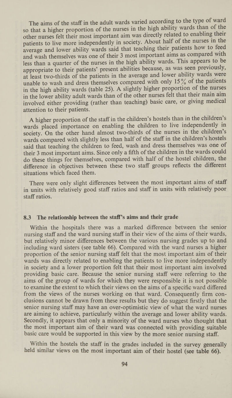 The aims of the staff in the adult wards varied according to the type of ward so that a higher proportion of the nurses in the high ability wards than of the other nurses felt their most important aim was directly related to enabling their patients to live more independently in society. About half of the nurses in the average and lower ability wards said that teaching their patients how to feed and wash themselves was one of their 3 most important aims as compared with less than a quarter of the nurses in the high ability wards. This appears to be appropriate to their patients’ present abilities because, as was seen previously, at least two-thirds of the patients in the average and lower ability wards were unable to wash and dress themselves compared with only 15% of the patients in the high ability wards (table 25). A slightly higher proportion of the nurses in the lower ability adult wards than of the other nurses felt that their main aim involved either providing (rather than teaching) basic care, or giving medical attention to their patients. A higher proportion of the staff in the children’s hostels than in the children’s wards placed importance on enabling the children to live independently in society. On the other hand almost two-thirds of the nurses in the children’s wards compared with slightly less than half of the staff in the children’s hostels said that teaching the children to feed, wash and dress themselves was one of their 3 most important aims. Since only a fifth of the children in the wards could do these things for themselves, compared. with half of the hostel children, the difference in objectives between these two staff groups reflects the different situations which faced them. There were only slight differences between the most important aims of staff in units with relatively good staff ratios and staff in units with relatively poor staff ratios. 8.3 The relationship between the staff’s aims and their grade Within the hospitals there was a marked difference between the senior nursing staff and the ward nursing staff in their view of the aims of their wards, but relatively minor differences between the various nursing grades up to and including ward sisters (see table 66). Compared with the ward nurses a higher proportion of the senior nursing staff felt that the most important. aim of their wards was directly related to enabling the patients to live more independently in society and a lower proportion felt that their most important aim involved providing basic care. Because the senior nursing staff were referring to the aims of the group of wards for which they were responsible it is not possible to examine the extent to which their views on the aims of a specific ward differed from the views of the nurses working on that ward. Consequently firm con- clusions cannot be drawn from these results but they do suggest firstly that the senior nursing staff may have an over-optimistic view of what the ward nurses are aiming to achieve, particularly within the average and lower ability wards. Secondly, it appears that only a minority of the ward nurses who thought that the most important aim of their ward was connected with providing suitable basic care would be supported in this view by the more senior nursing staff. Within the hostels the staff in the grades included in the survey generally held similar views on the most important aim of their hostel (see table 66).