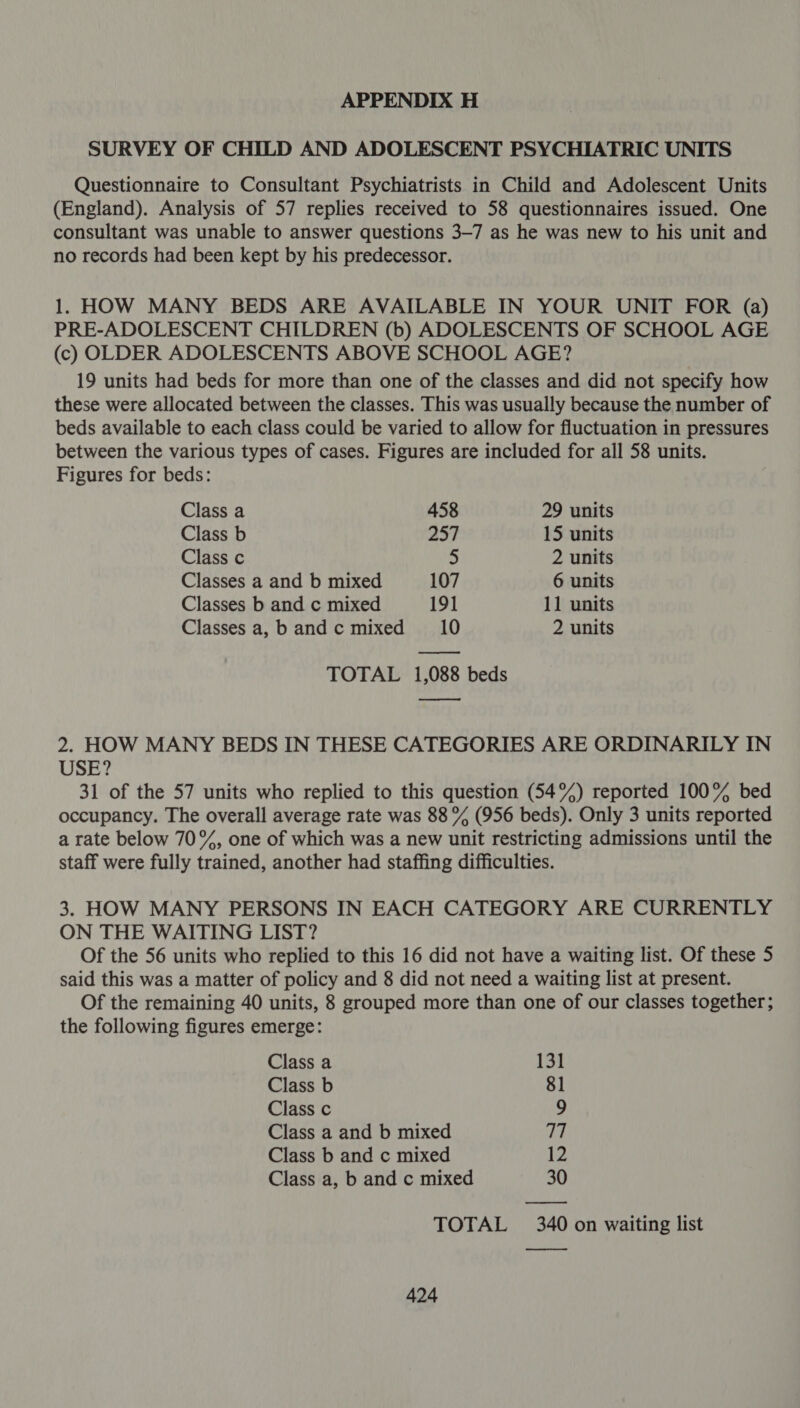SURVEY OF CHILD AND ADOLESCENT PSYCHIATRIC UNITS Questionnaire to Consultant Psychiatrists in Child and Adolescent Units (England). Analysis of 57 replies received to 58 questionnaires issued. One consultant was unable to answer questions 3-7 as he was new to his unit and no records had been kept by his predecessor. 1. HOW MANY BEDS ARE AVAILABLE IN YOUR UNIT FOR (a) PRE-ADOLESCENT CHILDREN (b) ADOLESCENTS OF SCHOOL AGE (c) OLDER ADOLESCENTS ABOVE SCHOOL AGE? 19 units had beds for more than one of the classes and did not specify how these were allocated between the classes. This was usually because the number of beds available to each class could be varied to allow for fluctuation in pressures between the various types of cases. Figures are included for all 58 units. Figures for beds: Class a 458 29 units Class b 257 15 units Class c 5 2 units Classes a and b mixed 107 6 units Classes b and c mixed 19] 11 units Classes a,b andc mixed 10 2 units os TOTAL 1,088 beds eee 2. HOW MANY BEDS IN THESE CATEGORIES ARE ORDINARILY IN USE? 31 of the 57 units who replied to this question (54%) reported 100% bed occupancy. The overall average rate was 88 % (956 beds). Only 3 units reported a rate below 70%, one of which was a new unit restricting admissions until the staff were fully trained, another had staffing difficulties. 3. HOW MANY PERSONS IN EACH CATEGORY ARE CURRENTLY ON THE WAITING LIST? Of the 56 units who replied to this 16 did not have a waiting list. Of these 5 said this was a matter of policy and 8 did not need a waiting list at present. Of the remaining 40 units, 8 grouped more than one of our classes together; the following figures emerge: Class a 131 Class b 81 Class c 9 Class a and b mixed te | Class b and c mixed 12 Class a, b and c mixed 30 —_—_——— TOTAL 340 on waiting list