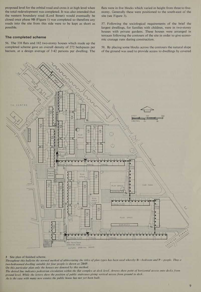 proposed level for the orbital road and cross it at high level when the total redevelopment was completed. It was also intended that the western boundary road (Lord Street) would eventually be closed once phase 9B (Figure 1) was completed so therefore any roads into the site from this side were to be kept as short as possible. The completed scheme 56. The 338 flats and 182 two-storey houses which made up the completed scheme gave an overall density of 272 bedspaces per hectare, at a design average of 3-42 persons per dwelling. The      flats were in five blocks which varied in height from three to five- storey. Generally these were positioned to the south-east of the site (see Figure 3). 57. Following the sociological requirements of the brief the largest dwellings, for families with children, were in two-storey houses with private gardens. These houses were arranged in terraces following the contours of the site in order to give econo- mic cranage runs during construction. 58. By placing some blocks across the contours the natural slope of the ground was used to provide access to dwellings by covered    50   =              pit |        n Oy &gt; p&gt; OQ m         =             es s ai  i) oO — l ICL LE                                    ty Nis | 5 3 Storey FLATS | Hit wh        K main North] South pedestrian route — FUTURE ORBITAL ROAD  3 Site plan of finished scheme.          Se +X \\ \ i. [oud eee MIR et = z ota eo, eo  4Storey FLATS eles | &gt; \ \ | \ Lar X Storey X PLAY SPACE || oe | Fase See REESE L bea 5 en    GARAGES   GE €      BONY oY \ \ SN two-bedroomed dwelling suitable for four people is shown as 2B4P. On this particular plan only the houses are denoted by this method.