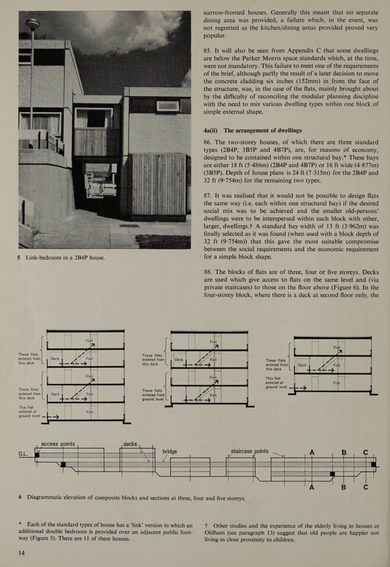 These flats entered from this deck These flats entered from this deck This flat entered at ground level         ak at \  These flats entered from this deck These flats entered from ground level narrow-fronted houses. Generally this meant that no separate dining area was provided, a failure which, in the event, was not regretted as the kitchen/dining areas provided proved very popular. 85. It will also be seen from Appendix C that some dwellings are below the Parker Morris space standards which, at the time, were not mandatory. This failure to meet one of the requirements of the brief, although partly the result of a later decision to move the concrete cladding six inches (152mm) in from the face of the structure, was, in the case of the flats, mainly brought about by the difficulty of reconciling the modular planning discipline with the need to mix various dwelling types within one block of simple external shape. 4a(ii) The arrangement of dwellings 86. The two-storey houses, of which there are three standard types (2B4P, 3B5P and 4B7P), are, for reasons of economy, designed to be contained within one structural bay.* These bays are either 18 ft (5-486m) (2B4P and 4B7P) or 16 ft wide (4:877m) (3B5P). Depth of house plans is 24 ft (7-315m) for the 2B4P and 32 ft (9:754m) for the remaining two types. 87. It was realised that it would not be possible to design flats the same way (i.e. each within one structural bay) if the desired social mix was to be achieved and the smaller old-persons’ dwellings were to be interspersed within each block with other, larger, dwellings.t A standard bay width of 13 ft (3:962m) was finally selected as it was found (when used with a block depth of 32 ft (9:754m)) that this gave the most suitable compromise between the social requirements and the economic requirement for a simple block shape. 88. The blocks of flats are of three, four or five storeys. Decks are used which give access to flats on the same level and (via private staircases) to those on the floor above (Figure 6). In the four-storey block, where there is a deck at second floor only, the     These flats entered from this deck   This flat l | | entered at | Flat ground level mie |            * 14 + Other studies and the experience of the elderly living in houses at Oldham (see paragraph 13) suggest that old people are happier not living in close proximity to children.