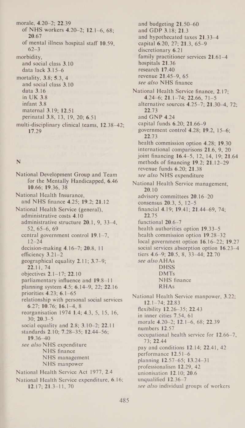 morale, 4.20—2; 22.39 of NHS workers 4.20—2; 12.1-6, 68: 20.67 of mental illness hospital staff 10.59 62-3 morbidity, and social class 3.10 data lack 3.15-—6 mortality, 3.8; 5.3, 4 and social class 3.10 data 3.16 in UK 3.8 infant 3.8 maternal 3.19; 12.51 perinatal 3.8, 13, 19, 20; 6.51 b) 17.29 N National Development Group and Team for the Mentally Handicapped, 6.46 10.66; 19.36, 38 National Health Insurance, and NHS finance 4.25; 19.2; 21.12 National Health Service (general), administrative costs 4.10 administrative structure 20.1, 9, 33-4, 52, 65-6, 69 central government control 19.1—7, 12-24 decision-making 4.16—7; 20.8, 11 efficiency 3.21—2 geographical equality 2.11; 3.7—9; 22.11, 74 objectives 2.1—-17; 22.10 parliamentary influence and 19.8—11 planning system 4.5; 6.14—9, 22; 22.16 priorities 4.23; 6.1-65 relationship with personal social services 6.27; 10.76; 16.1—4, 8 reorganisation 1974 1.4; 4.3, 5, 15, 16, 30; 20.3—S social equality and 2.8; 3.10—2; 22.11 standards 2.10; 7.28—35; 12.44—56; 19.36—40 see also NHS expenditure NHS finance NHS management NHS manpower National Health Service Act 1977, 2.4 National Health Service expenditure, 6.16; 12.17; 21.3-11, 70 and budgeting 21.50—60 and GDP 3.18; 21.3 and hypothecated taxes 21.33—4 capital 6.20, 27; 21.3, 65-9 discretionary 6.21 family practitioner services 21.61—4 hospitals 21.36 research 17.40 revenue 21.45—9, 65 see also NHS finance National Health Service finance, 2.17; 4.246; 21.1—74; 22.66, 71-5 alternative sources 4.25—7; 21.30—4, 72: 22713 and GNP 4.24 capital funds 6.20; 21.66—9 government control 4.28; 19.2, 15-6; 2293 health commission option 4.28; 19.30 international comparisons 21.6, 9, 20 joint financing 16.4—5, 12, 14, 19; 21.64 methods of financing 19.2; 21.12—29 revenue funds 6.20; 21.38 see also NHS expenditure National Health Service management, 20.10 advisory committees 20.16—20 consensus 20.3, 5, 12—5 financial 4.19; 19.41; 21.4469, 74; pee functional 20.6—7 health authorities option 19.33—5 health commission option 19.28—32 local government option 16.16—22; 19.27 social services absorption option 16.23—4 tiers 4.6—-9; 20.5, 8, 33-44; 22.70 see also AHAs DHSS DMTs NHS finance RHAs National Health Service manpower, 3.22; 12.174; 22.83 flexibility 12.26—35; 22.43 in inner cities 7.54, 61 morale 4.20—2: 12.1—6, 68; 22.39 numbers 12.57 occupational health service for 12.66—7, 73; 22.44 pay and conditions 12.14; 22.41, 42 performance 12.51—6 planning 12.57—65; 13.24-31 professionalism 12.29, 42 unionisation 12.10; 20.6 unqualified 12.36—7 see also individual groups of workers