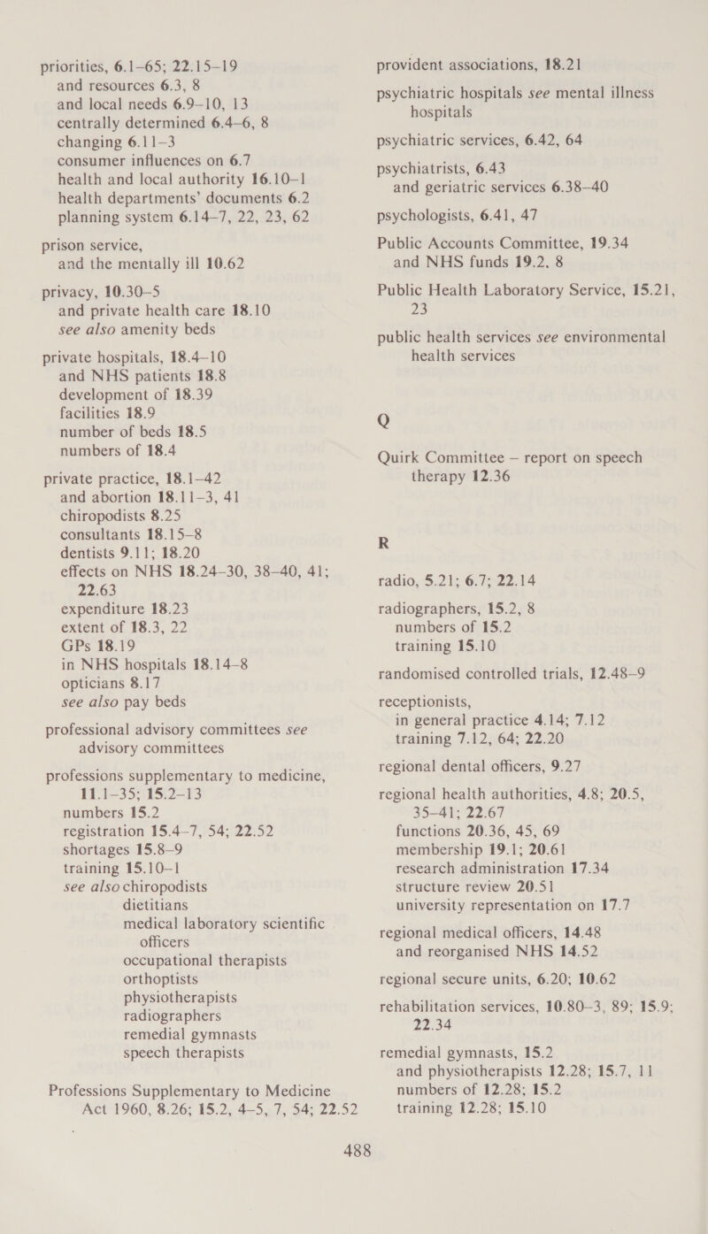 priorities, 6.1—65; 22.15—19 and resources 6.3, 8 and local needs 6.9—10, 13 centrally determined 6.4—6, 8 changing 6.11-—3 consumer influences on 6.7 health and local authority 16.10—1 health departments’ documents 6.2 planning system 6.14—7, 22, 23, 62 prison service, and the mentally ill 10.62 privacy, 10.30—S and private health care 18.10 see also amenity beds private hospitals, 18.4—10 and NHS patients 18.8 development of 18.39 facilities 18.9 number of beds 18.5 numbers of 18.4 private practice, 18.1—42 and abortion 18.11-3, 41 chiropodists 8.25 consultants 18.15-8 dentists 9.11; 18.20 effects on NHS 18.24—30, 38—40, 41; 22.63 expenditure 18.23 extent of 18.3, 22 GPs 18.19 in NHS hospitals 18.14—8 opticians 8.17 see also pay beds professional advisory committees see advisory committees professions supplementary to medicine, 11.1—35; 15.2—13 numbers 15.2 registration 15.4—-7, 54; 22.52 shortages 15.8—9 training 15.10-1 see also chiropodists dietitians medical laboratory scientific officers occupational therapists orthoptists physiotherapists radiographers remedial gymnasts speech therapists Professions Supplementary to Medicine 488 provident associations, 18.21 psychiatric hospitals see mental illness hospitals psychiatric services, 6.42, 64 psychiatrists, 6.43 and geriatric services 6.38—40 psychologists, 6.41, 47 Public Accounts Committee, 19.34 and NHS funds 19.2, 8 Public Health Laboratory Service, 15.21, 23 public health services see environmental health services Q Quirk Committee — report on speech therapy 12.36 R radio, 5.21; 6.7; 22.14 radiographers, 15.2, 8 numbers of 15.2 training 15.10 randomised controlled trials, 12.48—9 receptionists, in general practice 4.14; 7.12 training 7.12, 64; 22.20 regional dental officers, 9.27 regional health authorities, 4.8; 20.5, 35-41; 22.67 functions 20.36, 45, 69 membership 19.1; 20.61 research administration 17.34 structure review 20.51 university representation on 17.7 regional medical officers, 14.48 and reorganised NHS 14.52 regional secure units, 6.20; 10.62 rehabilitation services, 10.80—3, 89; 15.9: 22.34 remedial gymnasts, 15.2 and physiotherapists 12.28; 15.7, 11 numbers of 12.28; 15.2 training 12.28; 15.10