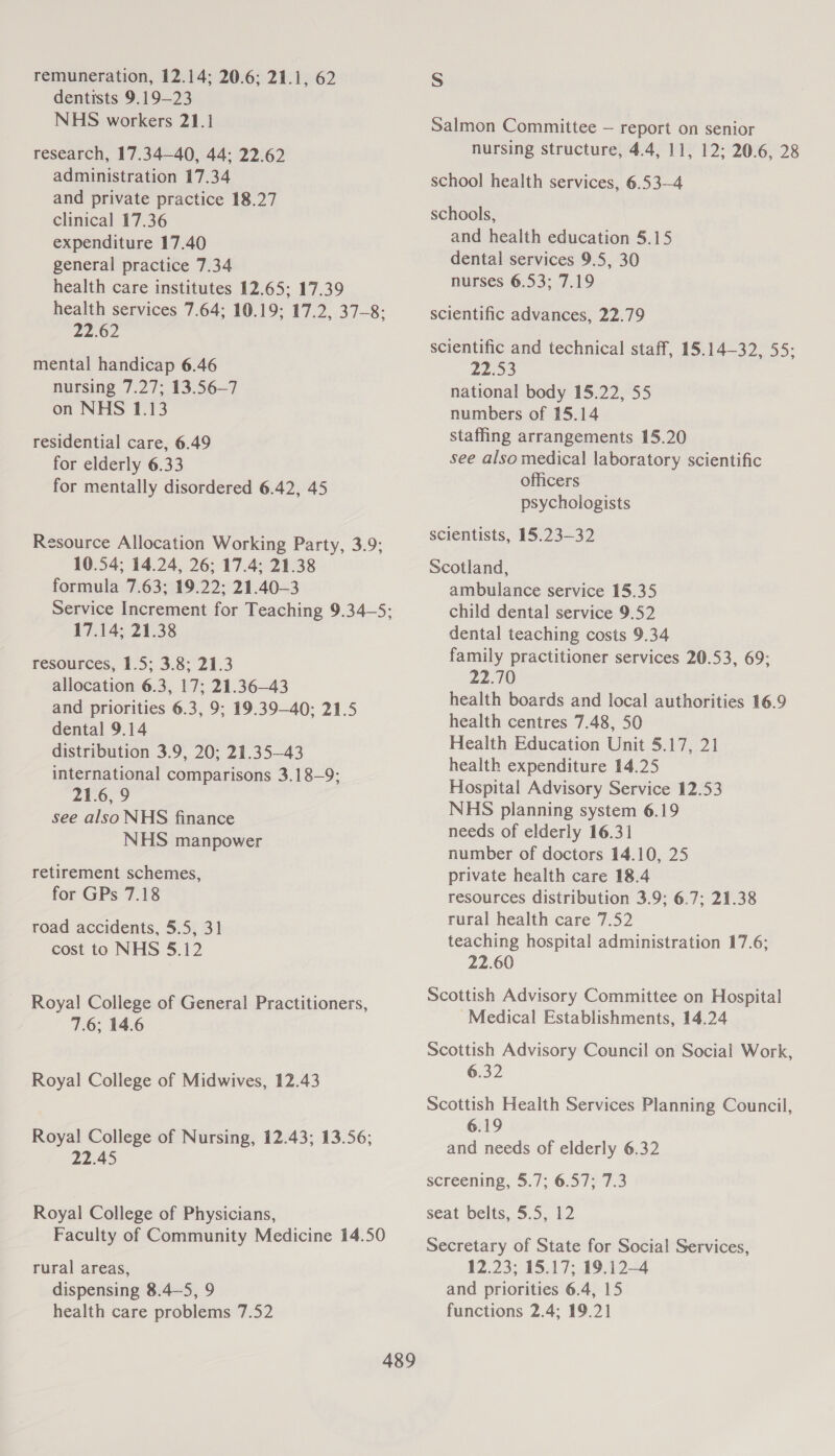 remuneration, 12.14; 20.6; 21.1, 62 dentists 9.19-23 NHS workers 21.1 research, 17.34—40, 44; 22.62 administration 17.34 and private practice 18.27 clinical 17.36 expenditure 17.40 general practice 7.34 health care institutes 12.65; 17.39 health services 7.64; 10.19; 17.2, 37-8: 22.62 mental handicap 6.46 nursing 7.27; 13.56—7 on NHS 1.13 residential care, 6.49 for elderly 6.33 for mentally disordered 6.42, 45 Resource Allocation Working Party, 3.9; 10.54; 14.24, 26; 17.4; 21.38 formula 7.63; 19.22; 21.40—3 Service Increment for Teaching 9.34—S; 17.14; 21.38 resources, 1.5; 3.8; 21.3 allocation 6.3, 17; 21.36—43 and priorities 6.3, 9; 19.3940; 21.5 dental 9.14 distribution 3.9, 20; 21.35—43 international comparisons 3.18-9; 21.6, 9 see also NHS finance NHS manpower retirement schemes, for GPs 7.18 road accidents, 5.5, 31 cost to NHS 5.12 Royal College of General Practitioners, 7.6; 14.6 Royal College of Midwives, 12.43 Royal College of Nursing, 12.43; 13.56; 22.45 Royal College of Physicians, Faculty of Community Medicine 14.50 rural areas, dispensing 8.4—5, 9 health care problems 7.52 S Salmon Committee — report on senior nursing structure, 4.4, 11, 12; 20.6, 28 school health services, 6.53—4 schools, and health education 5.15 dental services 9.5, 30 nurses 6.53; 7.19 scientific advances, 22.79 scientific and technical staff, 15.14-32, 55; 22.53 national body 15.22, 55 numbers of 15.14 staffing arrangements 15.20 see also medical laboratory scientific officers psychologists scientists, 15.23-—32 Scotland, ambulance service 15.35 child dental service 9.52 dental teaching costs 9.34 family practitioner services 20.53, 69; 22.70 health boards and local authorities 16.9 health centres 7.48, 50 Health Education Unit 5.17, 21 health expenditure 14.25 Hospital Advisory Service 12.53 NHS planning system 6.19 needs of elderly 16.31 number of doctors 14.10, 25 private health care 18.4 resources distribution 3.9; 6.7; 21.38 rural health care 7.52 teaching hospital administration 17.6; 22.60 Scottish Advisory Committee on Hospital -Medical Establishments, 14.24 Scottish Advisory Council on Social Work, 6.32 Scottish Health Services Planning Council, 6.19 and needs of elderly 6.32 screening, 5.7; 6.57; 7.3 seat belts, 5.5, 12 Secretary of State for Social Services, 12.23; 15.17; 19.12-4 and priorities 6.4, 15 functions 2.4; 19.2]