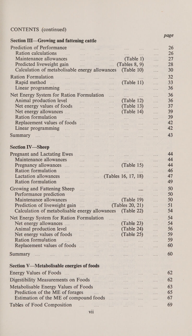 CONTENTS (continued) Section [1]—Growing and fattening cattle Prediction of Performance Ration calculations Se pee: Ps a aa Maintenance allowances bs. Uns oe (Table 1) Predicted liveweight gain ae 1) (Tables 8, 9) Calculation of metabolisable energy allowances (Table 10) Ration Formulation ay fe si ne as Rapid method .... ie ee oe ... (Table 11) Linear programming be ig fy Net Energy System for Ration Posnalegba Animal production level. e the a (Table 12) Net energy values of foods _.... Mee ... (Table 13) Net energy allowances .... at oh ... (Table 14) Ration formulation aN oa a a ts Replacement values of foods .... Linear programming Summary Section [V—Sheep Pregnant and Lactating Ewes Maintenance allowances Pregnancy allowances .... ee oe aa (Table 15) Ration formulation me 3) be — Ae Lactation allowances ... = ... (Tables 16, 17, 18) Ration formulation Growing and Fattening Sheep Performance prediction oe vg. Bk a Maintenance allowances ee = ... (Table 19) Prediction of liveweight gain .... (Tables 20, 21) Calculation of metabolisable energy allowances (Table 22) Net Energy System for Ration Formulation Net energy allowances .... a ee os (Table 23) Animal production level «ale oe ... (Table 24) Net energy values of foods... om ... (Table 25) Ration formuJation a ae a ie Replacement values of foods .... Summary Section V—Metabolisable energies of foods Energy Values of Foods .... Digestibility Measurements on Foods Metabolisable Energy Values of Foods Prediction of the ME of forages i “te Estimation of the ME of compound foods ... Tables of Food Composition Vil 62 62 63 67 69