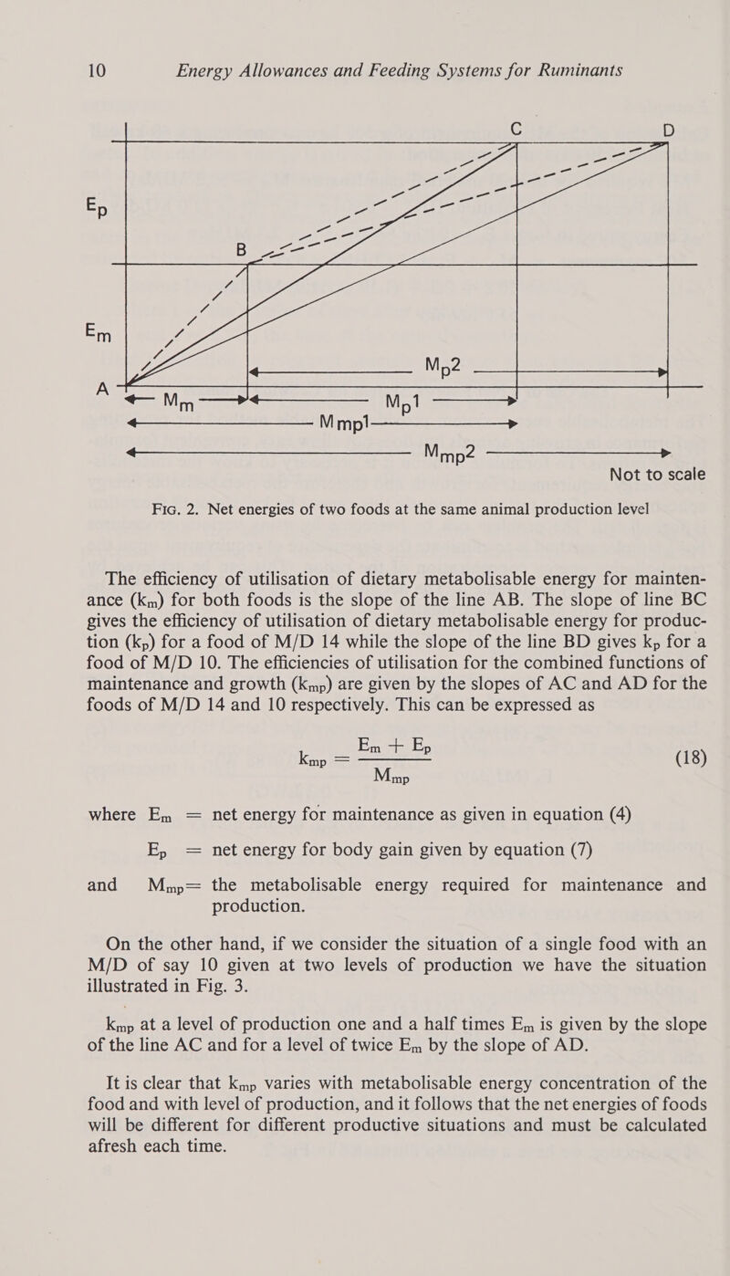  Not to scale Fic. 2. Net energies of two foods at the same animal production level The efficiency of utilisation of dietary metabolisable energy for mainten- ance (km) for both foods is the slope of the line AB. The slope of line BC gives the efficiency of utilisation of dietary metabolisable energy for produc- tion (kp) for a food of M/D 14 while the slope of the line BD gives kp for a food of M/D 10. The efficiencies of utilisation for the combined functions of maintenance and growth (kmp) are given by the slopes of AC and AD for the foods of M/D 14 and 10 respectively. This can be expressed as Peele. kmp = ———— (18) Mmp where En = net energy for maintenance as given in equation (4) E&gt;, = net energy for body gain given by equation (7) and Mmp= the metabolisable energy required for maintenance and production. On the other hand, if we consider the situation of a single food with an M/D of say 10 given at two levels of production we have the situation illustrated in Fig. 3. Kmp at a level of production one and a half times Em is given by the slope of the line AC and for a level of twice Em by the slope of AD. It is clear that kmp varies with metabolisable energy concentration of the food and with level of production, and it follows that the net energies of foods will be different for different productive situations and must be calculated afresh each time.