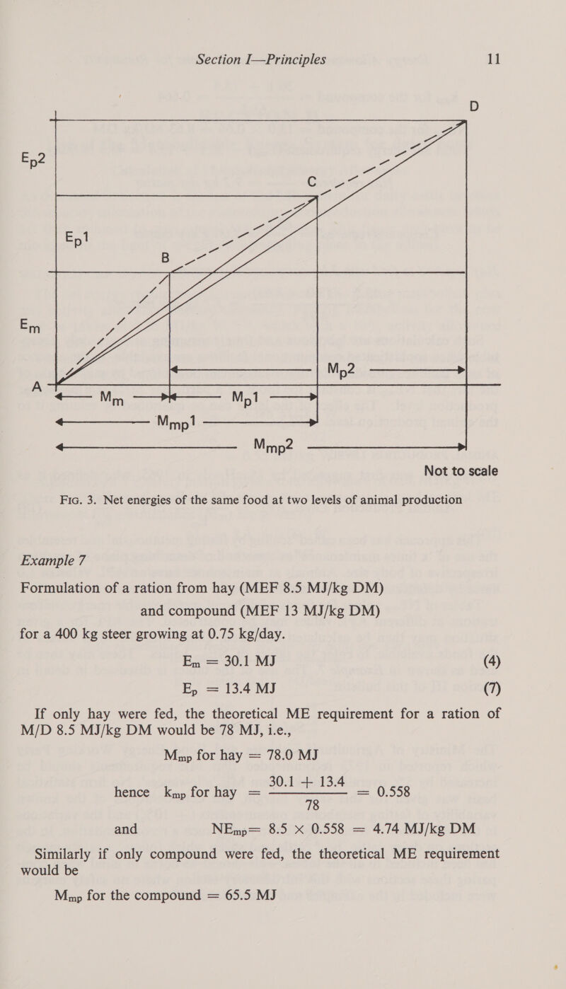   2 Be ale eee eae p! casa nS Mmp2 Not to scale Fic. 3. Net energies of the same food at two levels of animal production Example 7 Formulation of a ration from hay (MEF 8.5 MJ/kg DM) and compound (MEF 13 MJ/kg DM) for a 400 kg steer growing at 0.75 kg/day. Em = 30.1 MJ (4) Ep = 13.4 MJ (7) If only hay were fed, the theoretical ME requirement for a ration of M/D 8.5 MJ/kg DM would be 78 MJ, i.e., 30.1 + 13.4 hence Kmp for hay = le i = 0.558 78 and NEmp= 8.5 X 0.558 = 4.74 MJ/kg DM Similarly if only compound were fed, the theoretical ME requirement would be Mmp for the compound = 65.5 MJ