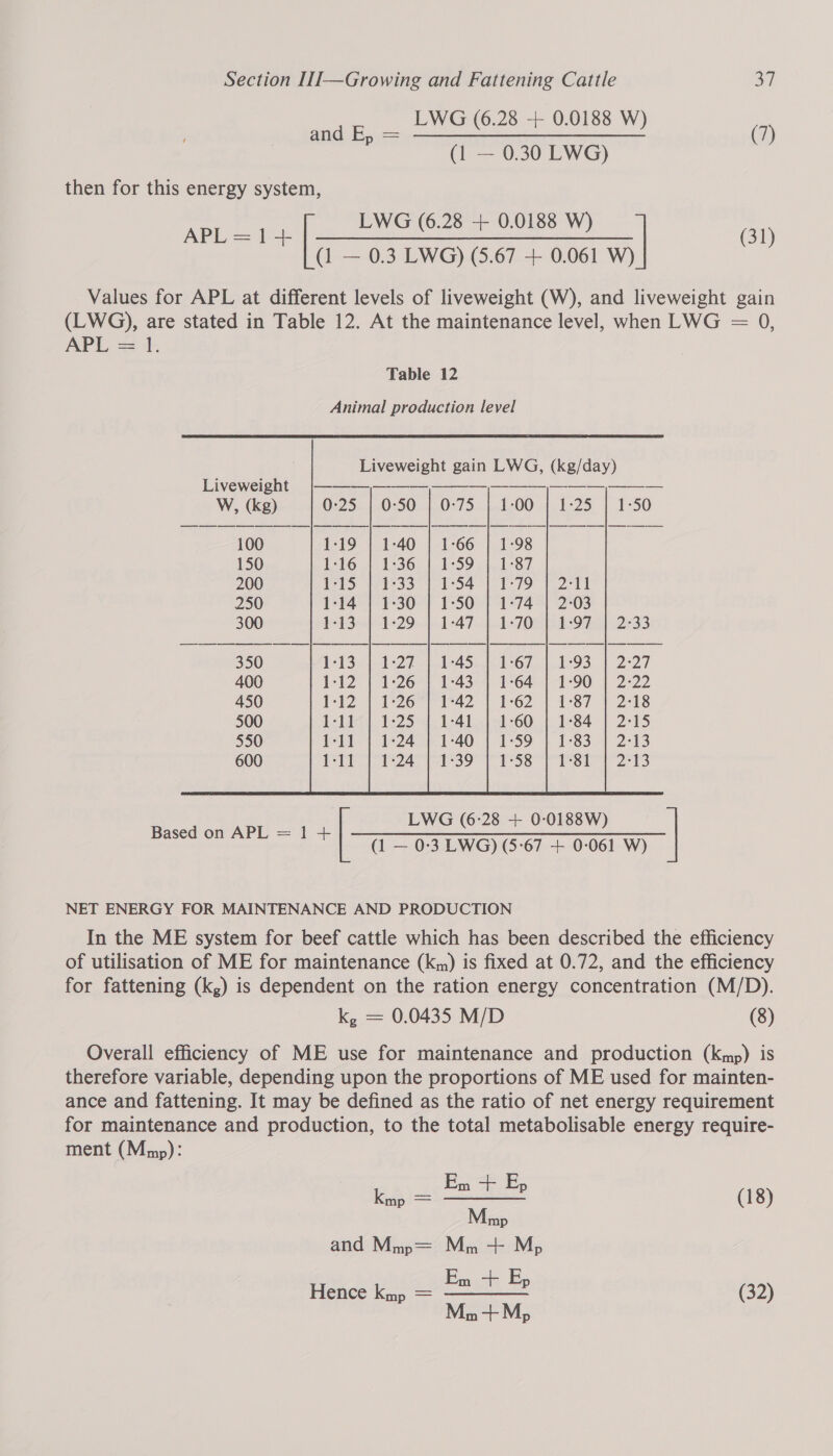 and E, . EWG (6.28 + 0.0188 W) an (1 — 0.30 LWG) then for this energy system, (31) ree LWG (6.28 + 0.0188 W) (1 — 0.3 LWG) (5.67 + 0.061 W) Values for APL at different levels of liveweight (W), and liveweight gain (LWG), are stated in Table 12. At the maintenance level, when LWG = 0, APL. == +1. Table 12 Animal production level Liveweight gain LWG, (kg/day) Liveweight §=|——————_,_-_——_, ——_—_, ——_—__-—— W, (kg) 0:25 | 0-50 | 0-75 | 1-00 | 1:25 | 1-50 100 1:19 | 1:40 | 1-66 | 1-98 150 1:16 | 1-36 | 1-59 | 1-87 200 1:15 | 1-33 | 1:54 | 1-79 | 2-11 250 1:14 | 1-30 | 1-50 | 1-74 | 2-03 300 1:13 | 1-29 | 1-47 | 1-70 | 1-97 | 2-33 350 1:13 | 1-27 | 1-45 | 1-67 | 1:93 | 2-27 400 1:12 | 1-26 | 1:43 | 1-64 | 1-90 | 2-22 450 1-12 | 1°267)°1-42 | 1-62 | 1-87 | 2-18 500 1:11 | 1-25 | 1-41 | 1-60 | 1-84 | 2-15 550 1:11 | 1-24 | 1-40 | 1-59 | 1-83 | 2-13 600 1:11 | 1-24 | 1-39 | 1-58 | 1-81 | 2-13 LWG (6:28 + 0:0188W) (1 — 0:3 LWG) (5:67 + 0-061 W) Based on APL = 1 + NET ENERGY FOR MAINTENANCE AND PRODUCTION In the ME system for beef cattle which has been described the efficiency of utilisation of ME for maintenance (km) is fixed at 0.72, and the efficiency for fattening (k,) is dependent on the ration energy concentration (M/D). k, = 0.0435 M/D (8) Overall efficiency of ME use for maintenance and production (kmp) is therefore variable, depending upon the proportions of ME used for mainten- ance and fattening. It may be defined as the ratio of net energy requirement for maintenance and production, to the total metabolisable energy require- ment (Mmp): eas aay ec ae (18) Mmp Em + Ep (32) Hence kmp Mn+M,