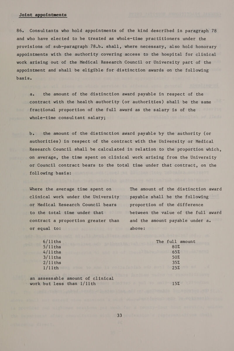 Joint appointments 86. Consultants who hold appointments of the kind described in paragraph 78 and who have elected to be treated as whole-time practitioners under the provisions of sub-paragraph 78.b. shall, where necessary, also hold honorary appointments with the authority covering access to the hospital for clinical work arising out of the Medical Research Council or University part of the appointment and shall be eligible for distinction awards on the following basis. ae the amount of the distinction award payable in respect of the contract with the health authority (or authorities) shall be the same fractional proportion of the full award as the salary is of the whole-time consultant salary; b. the amount of the distinction award payable by the authority (or authorities) in respect of the contract with the University or Medical Research Council shall be calculated in relation to the proportion which, on average, the time spent on clinical work arising from the University or Council contract bears to the total time under that contract, on the following basis: Where the average time spent on clinical work under the University or Medical Research Council bears to the total time under that contract a proportion greater than or equal to: 6/1lths 5/1l1lths 4/1l1ths 3/llths 2/1lths 1/llth an assessable amount of clinical ' work but less than 1/11th 33 The amount of the distinction award payable shall be the following proportion of the difference between the value of the full award and the amount payable under a. above: The full amount 80% 65% 50% 35% 25% 15%